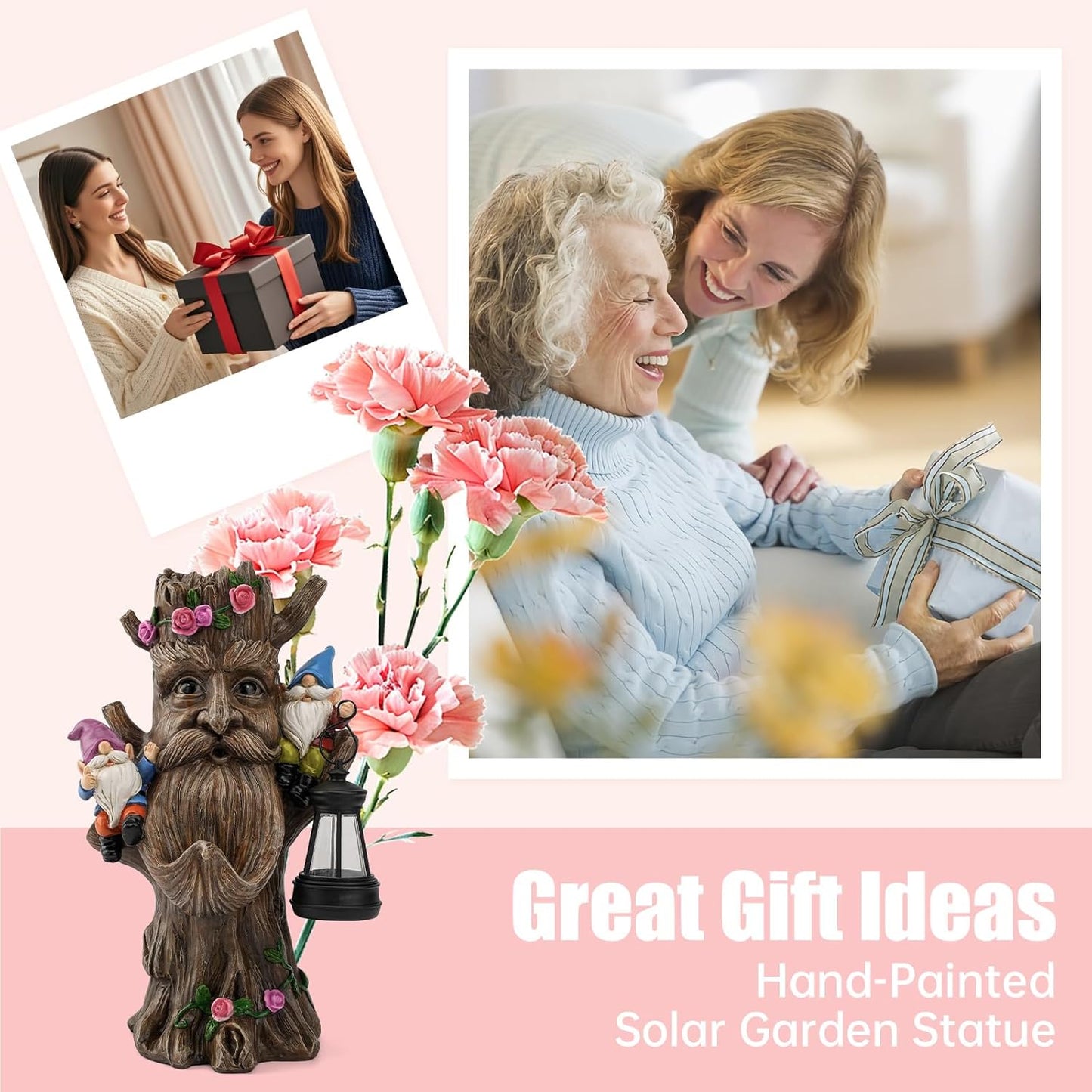 Whimsical Tree Ent Garden Statue with Gnomes – Solar Powered Outdoor Decor with LED Lantern, Funny Yard Ornament for Lawn, Patio, Porch, or Garden Pathway (Tree Face)