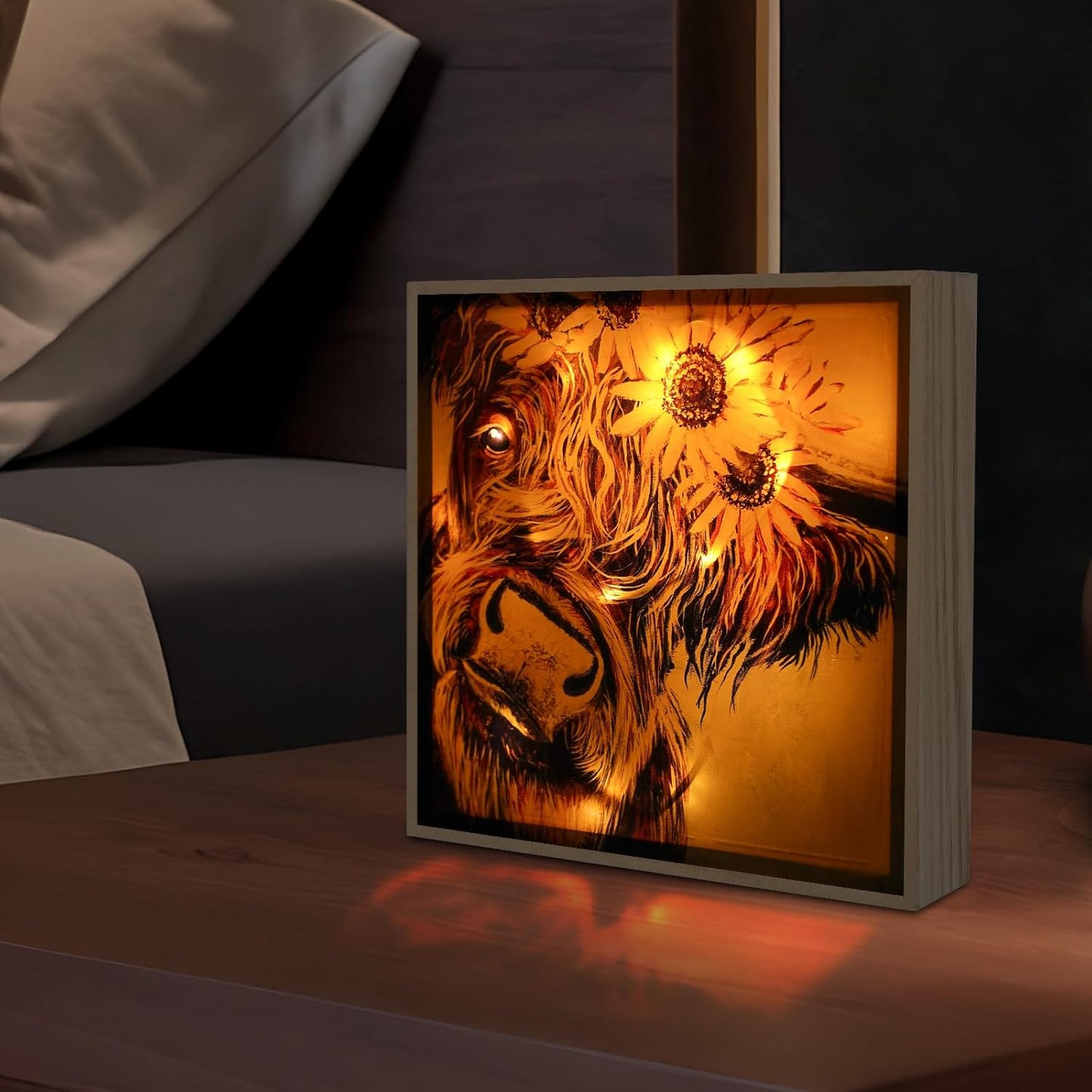 Animal Highland Cow Wall Art with Night Light Painting Woodgrain Picture Framed Modern for Bathroom Living Room Bedroom Nursery Room Dining Room Kitchen Wall Decor Gifts 11.5"x11.5"