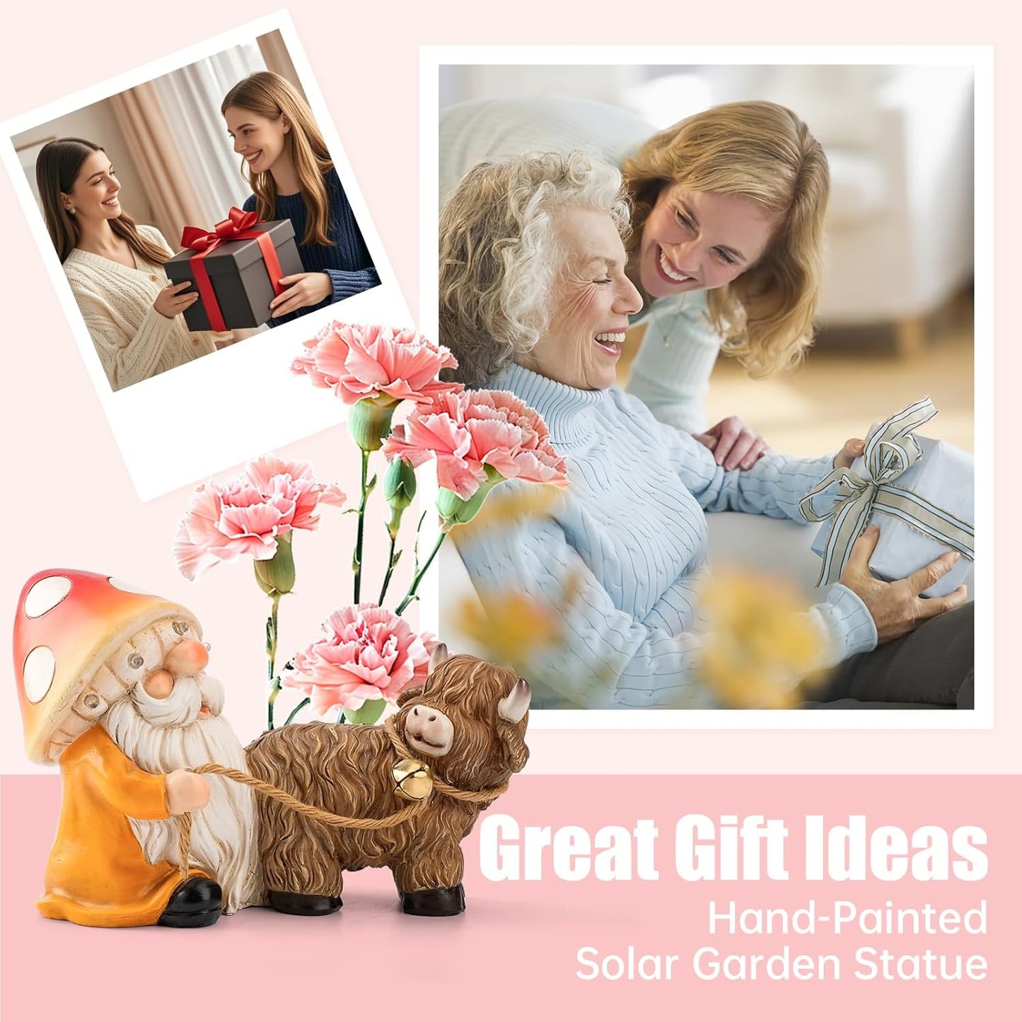 Solar Garden Gnome Statue with Highland Cow – Mushroom Hat with LED Lights, Funny Yard Decor for Outdoor Lawn, Patio, Porch or Pathway