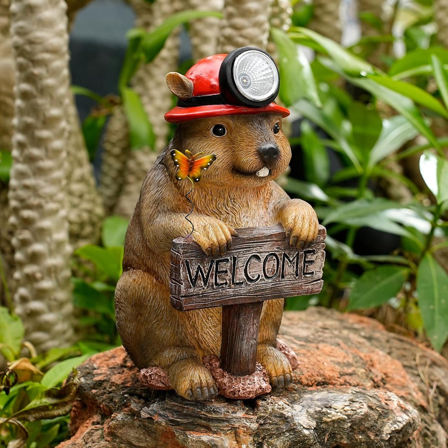 Groundhog Welcome Garden Statue with Solar Headlamp – Funny Animal Outdoor Yard Decor with LED Light and Butterfly – Waterproof Resin Garden Ornament for Patio, Lawn, Pathway