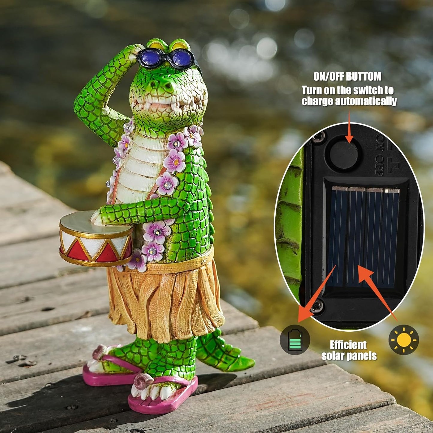 Hawaiian Alligator Garden Statue with LED Floral Garland - Fun Tropical Outdoor Decor, Resin Crocodile Figurine in Hula Skirt for Yard, Patio, or Home