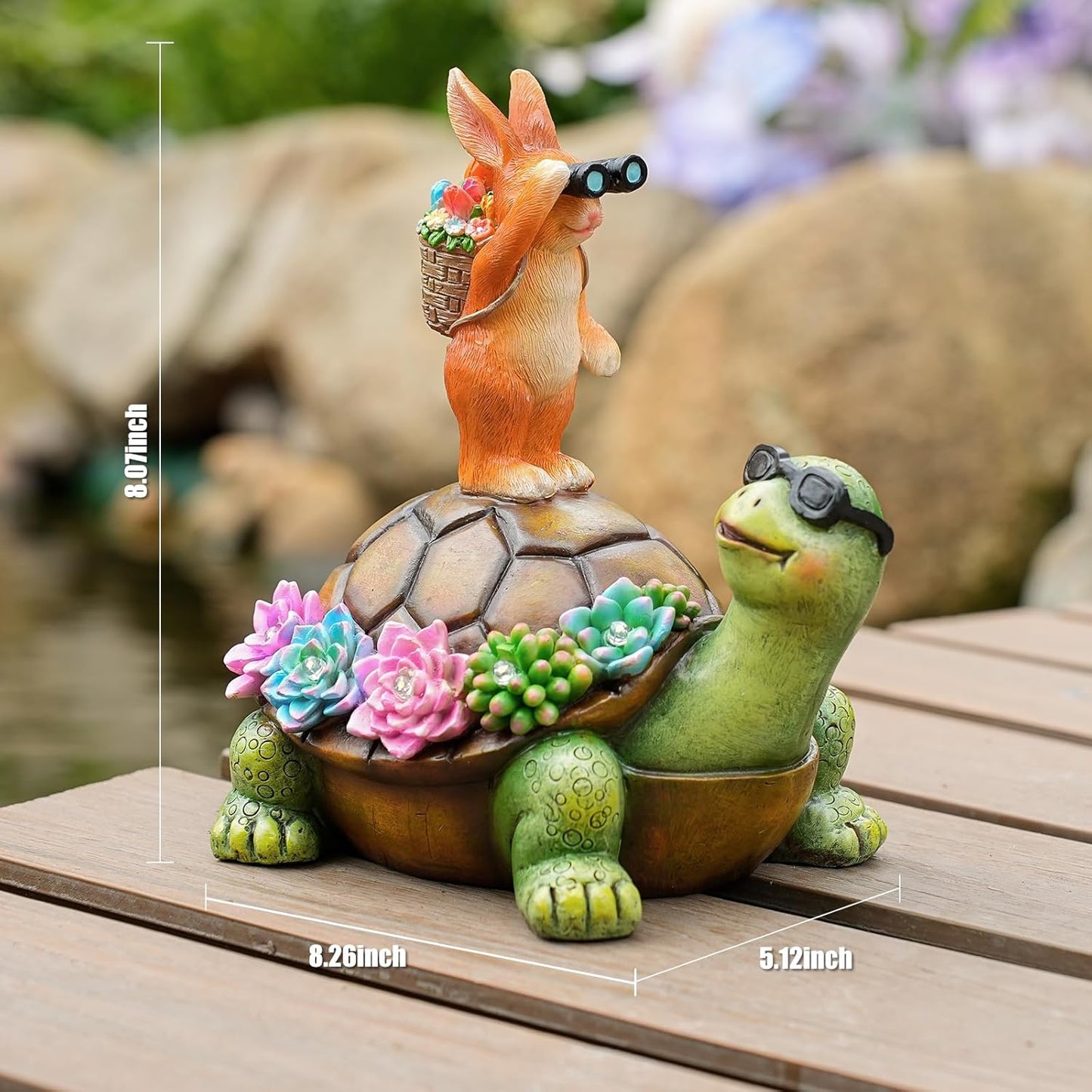 Solar Turtle Garden Statue with Bunny and LED Succulent Flowers – Outdoor Lawn Decor with Lights, Cute Animal Yard Ornament for Patio, Pathway, or Garden Gift (Gnome)