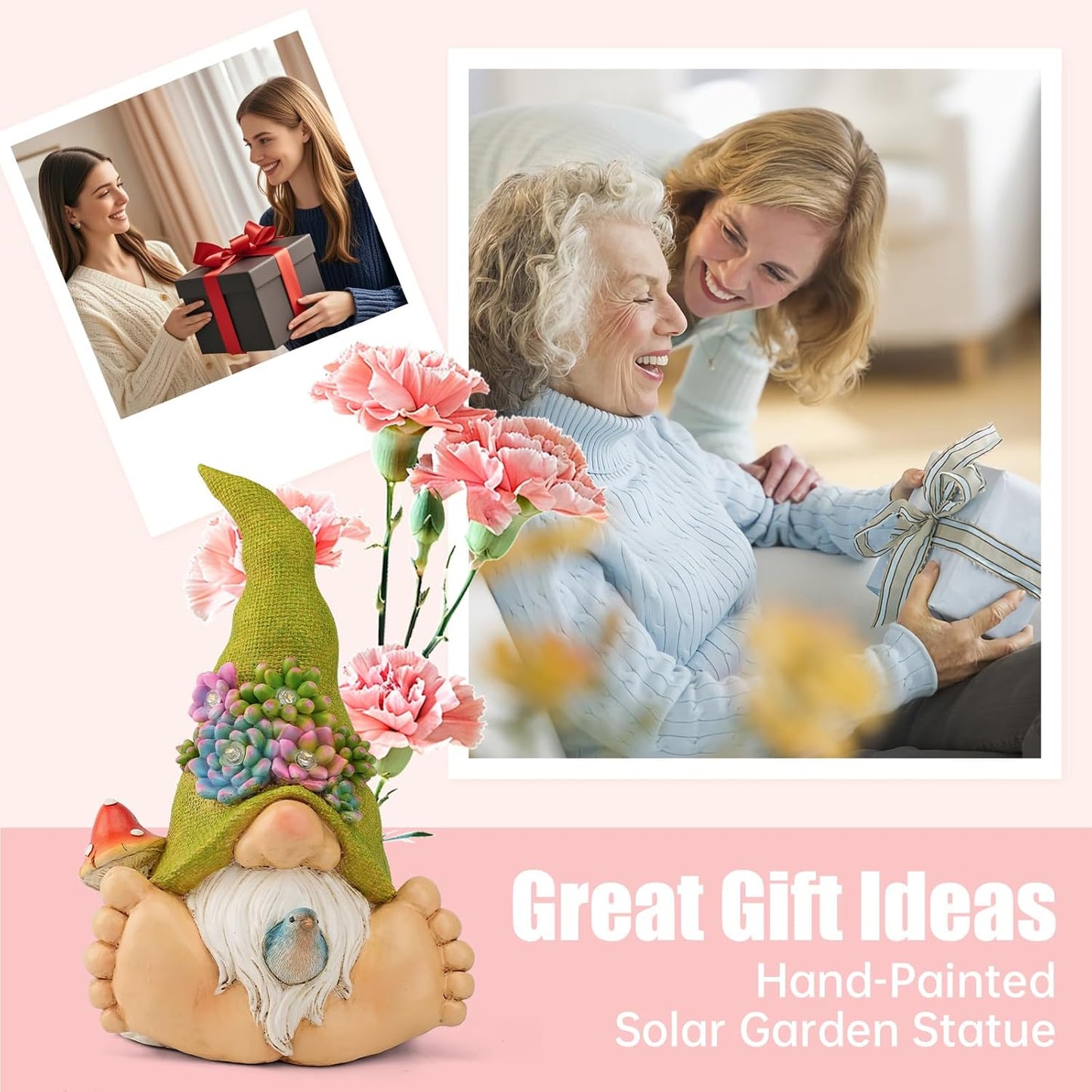 Solar Turtle Garden Statue with Bunny and LED Succulent Flowers – Outdoor Lawn Decor with Lights, Cute Animal Yard Ornament for Patio, Pathway, or Garden Gift (Gnome)