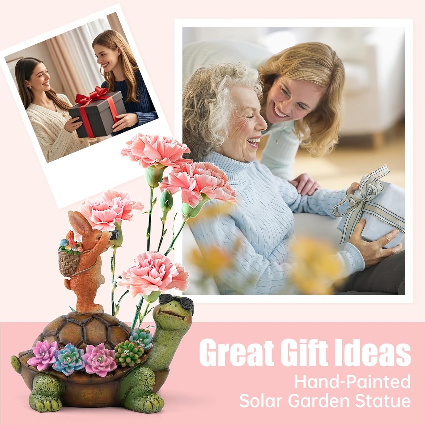 Solar Turtle Garden Statue with Bunny and LED Succulent Flowers – Outdoor Lawn Decor with Lights, Cute Animal Yard Ornament for Patio, Pathway, or Garden Gift (Gnome)