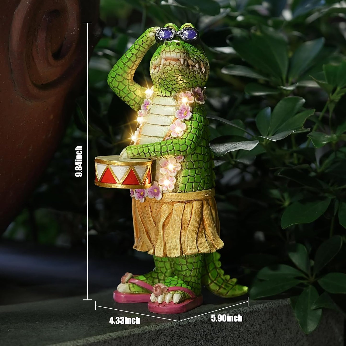Hawaiian Alligator Garden Statue with LED Floral Garland - Fun Tropical Outdoor Decor, Resin Crocodile Figurine in Hula Skirt for Yard, Patio, or Home