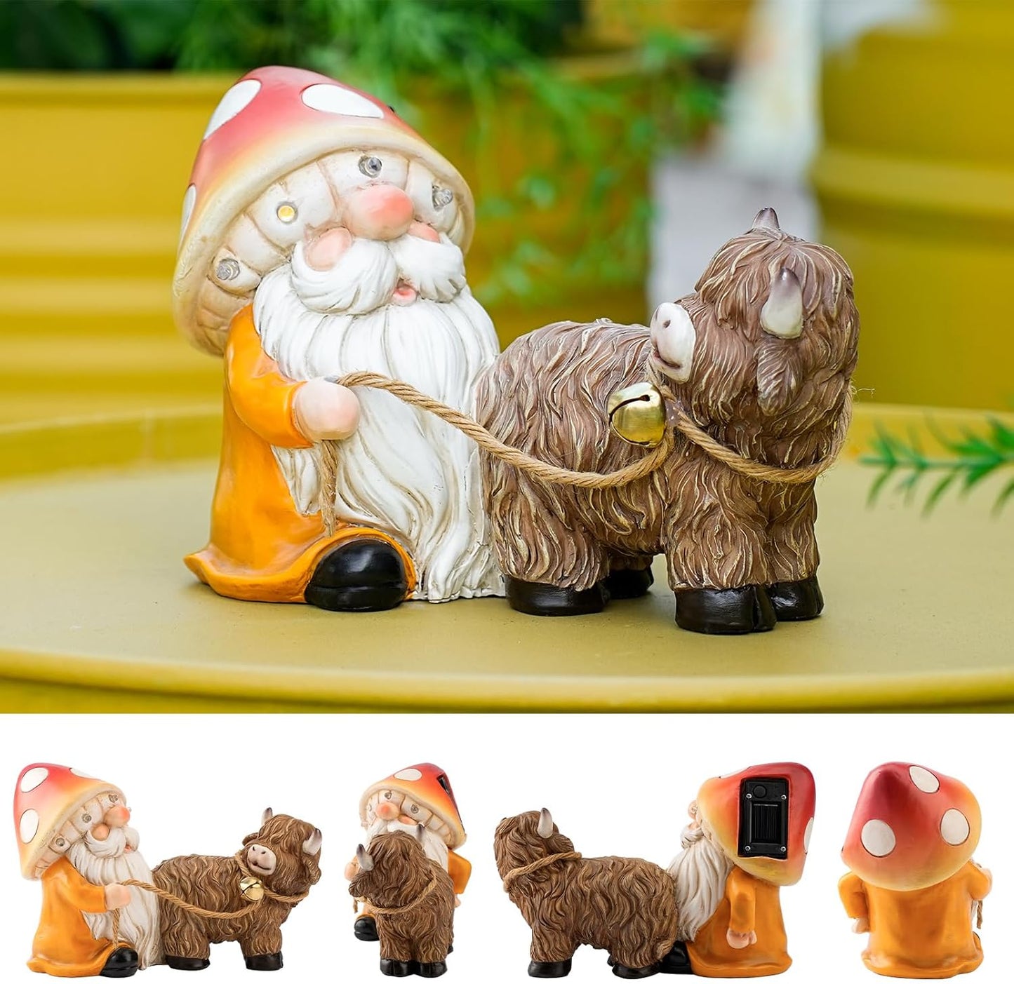 Solar Garden Gnome Statue with Highland Cow – Mushroom Hat with LED Lights, Funny Yard Decor for Outdoor Lawn, Patio, Porch or Pathway