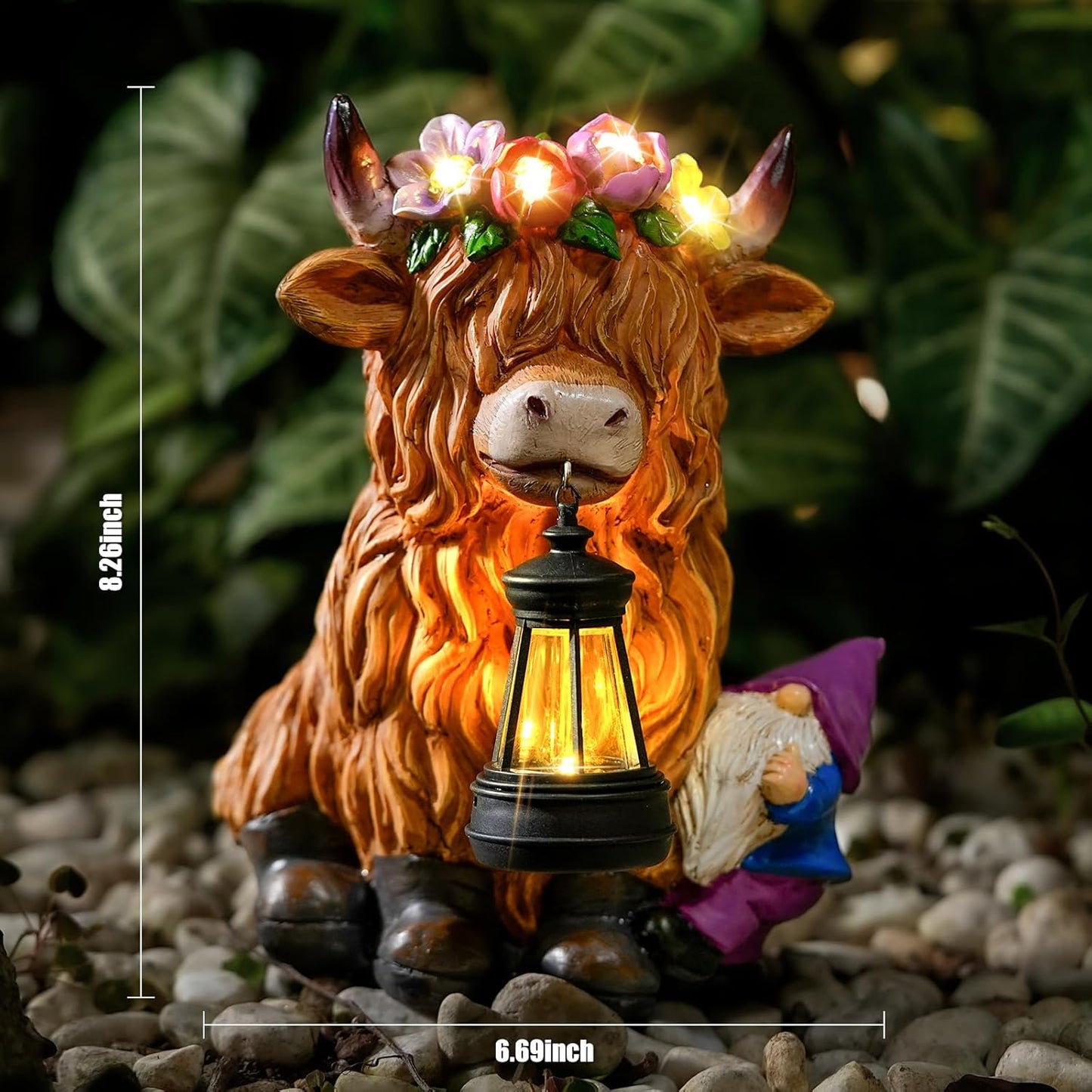 Garden Lantern Statues Resin Highland Cow with Gnome Outdoor Solar Light Decor Funny Decorations for Yard and Patio Gifts