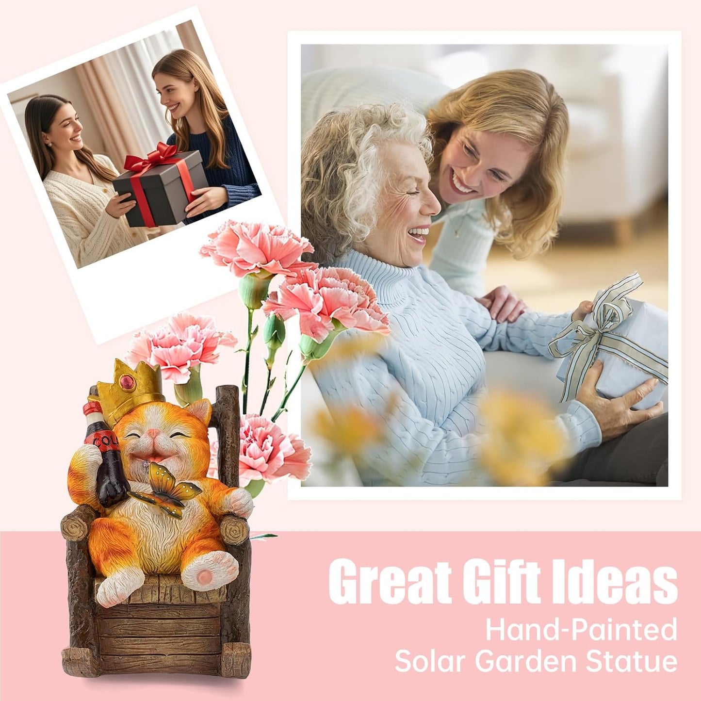 Solar Cat Garden Statue – Funny Orange Tabby Cat with Crown & Cola, LED Butterfly Light, Sitting on Rocking Chair – Outdoor Patio Decor for Yard, Porch, Lawn, or Gift