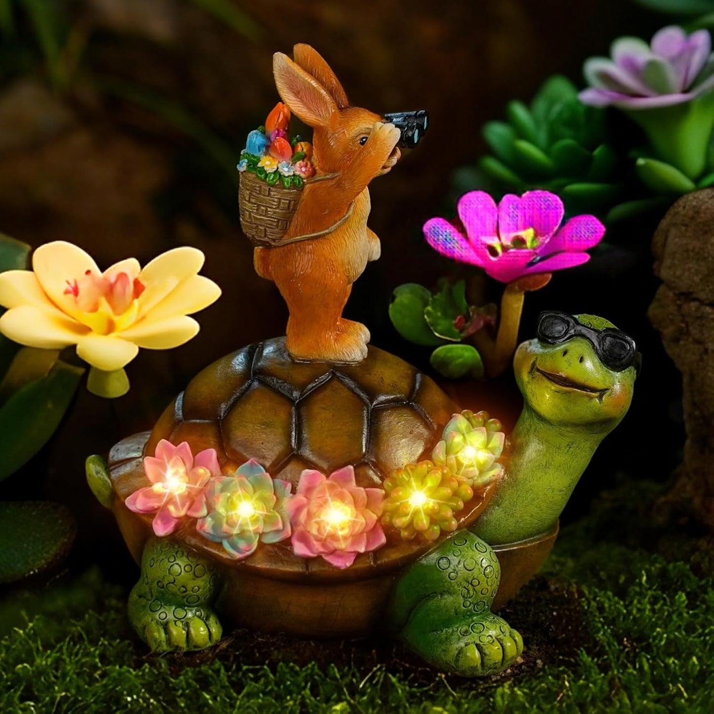 Solar Turtle Garden Statue with Bunny and LED Succulent Flowers – Outdoor Lawn Decor with Lights, Cute Animal Yard Ornament for Patio, Pathway, or Garden Gift (Gnome)