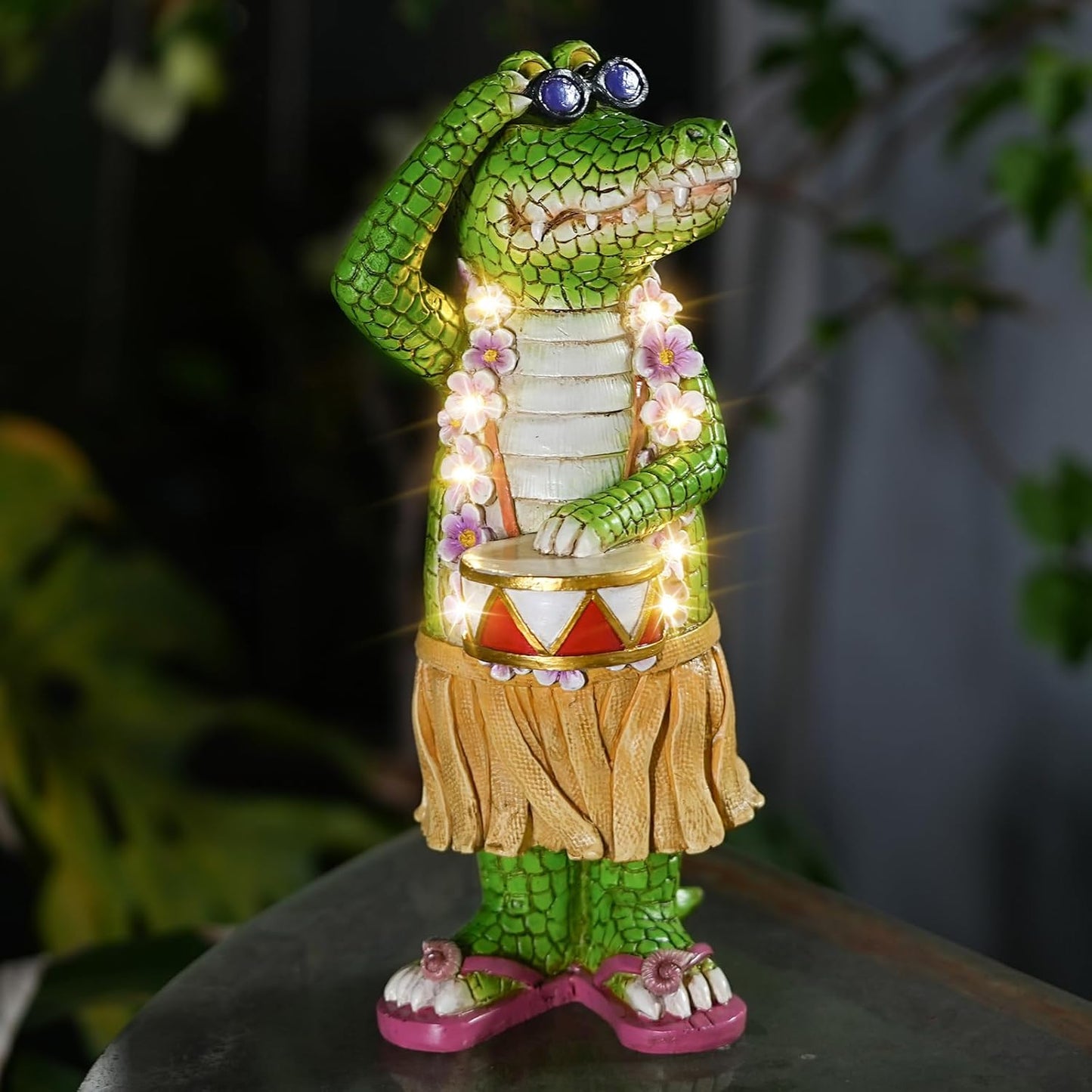 Hawaiian Alligator Garden Statue with LED Floral Garland - Fun Tropical Outdoor Decor, Resin Crocodile Figurine in Hula Skirt for Yard, Patio, or Home