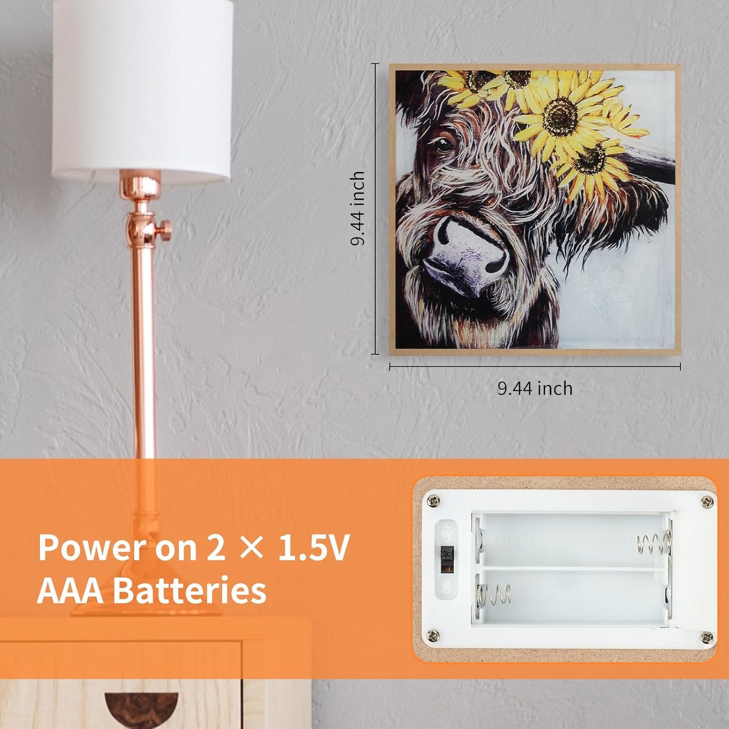 Animal Highland Cow Wall Art with Night Light Painting Woodgrain Picture Framed Modern for Bathroom Living Room Bedroom Nursery Room Dining Room Kitchen Wall Decor Gifts 11.5"x11.5"