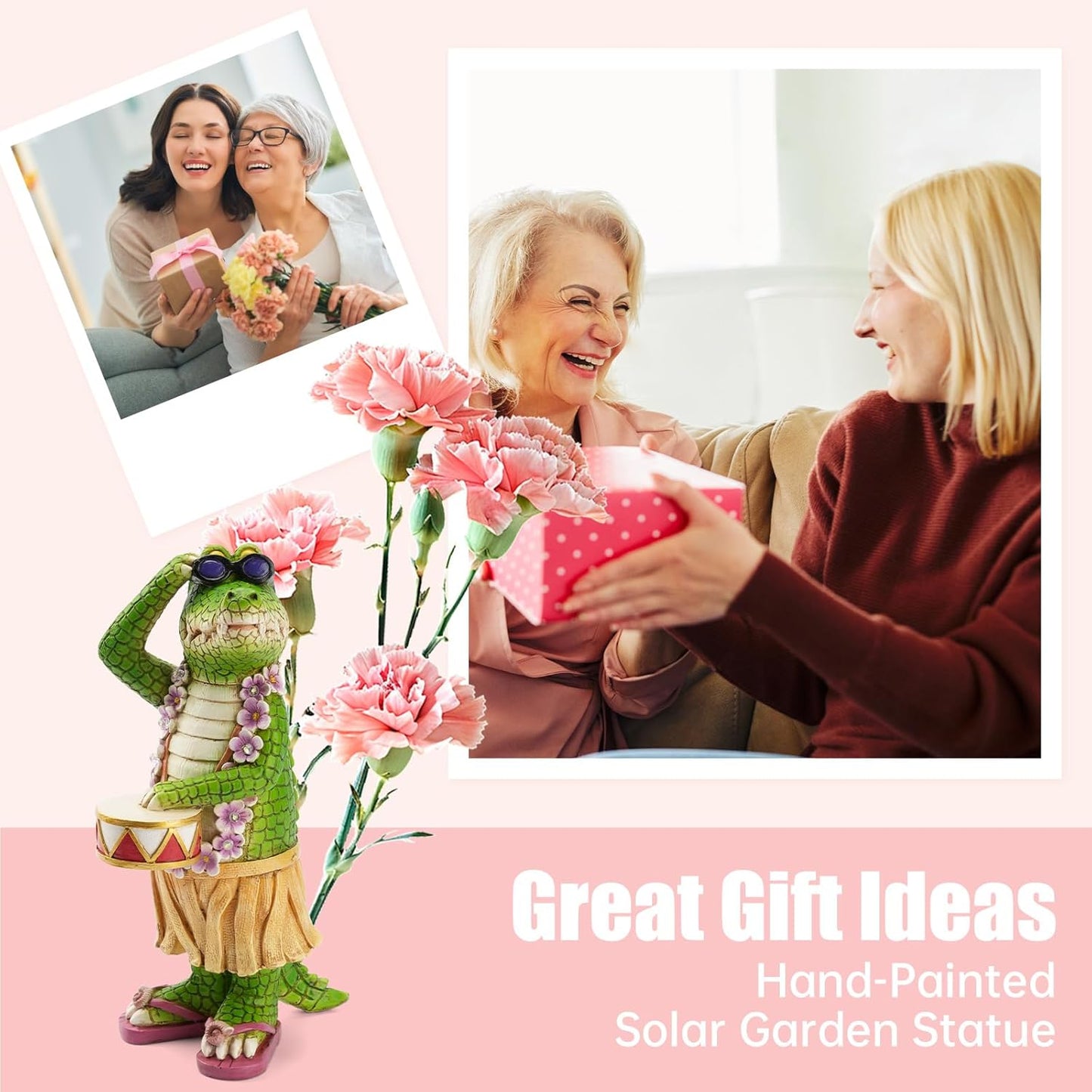 Hawaiian Alligator Garden Statue with LED Floral Garland - Fun Tropical Outdoor Decor, Resin Crocodile Figurine in Hula Skirt for Yard, Patio, or Home