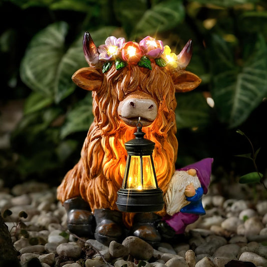 Garden Lantern Statues Resin Highland Cow with Gnome Outdoor Solar Light Decor Funny Decorations for Yard and Patio Gifts