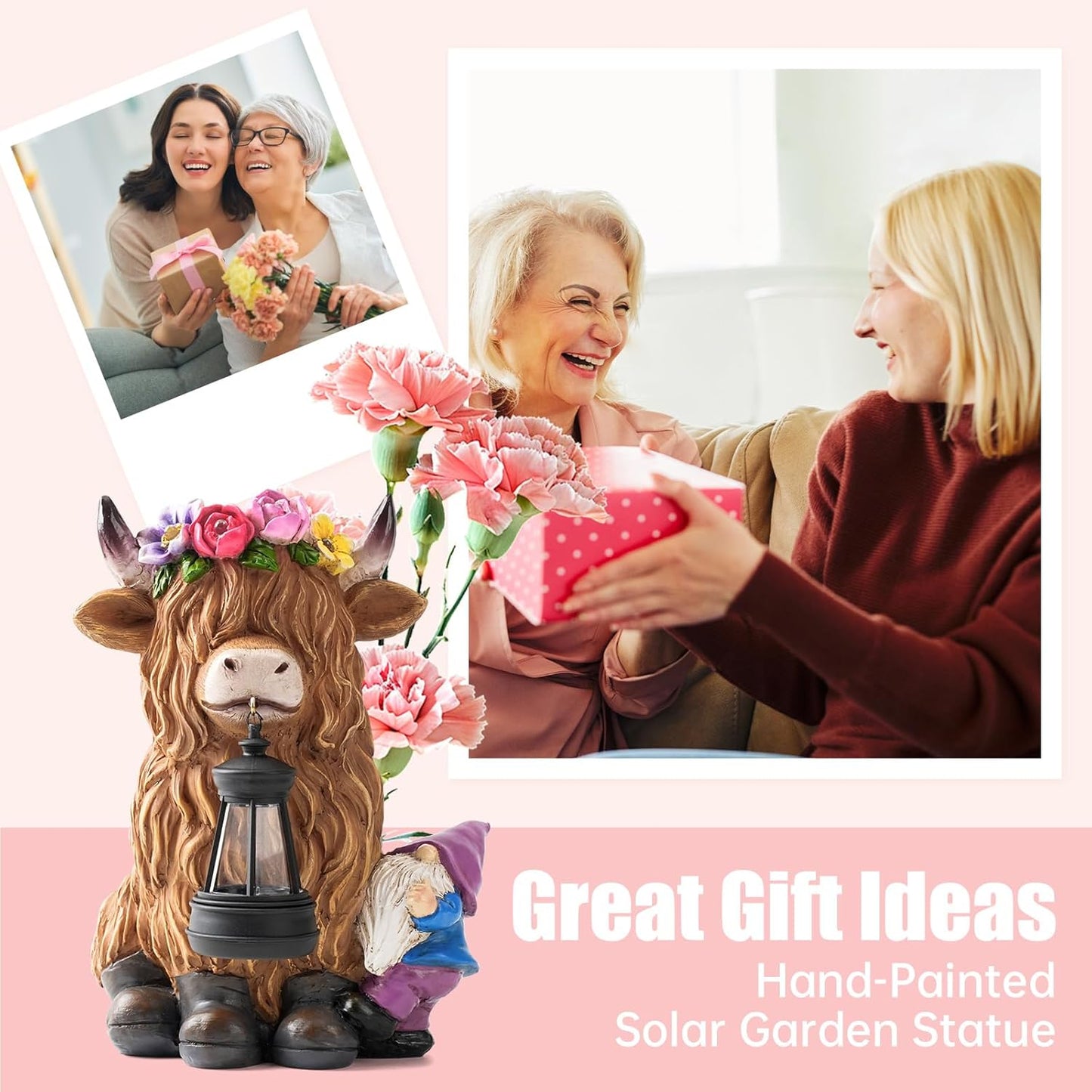 Garden Lantern Statues Resin Highland Cow with Gnome Outdoor Solar Light Decor Funny Decorations for Yard and Patio Gifts