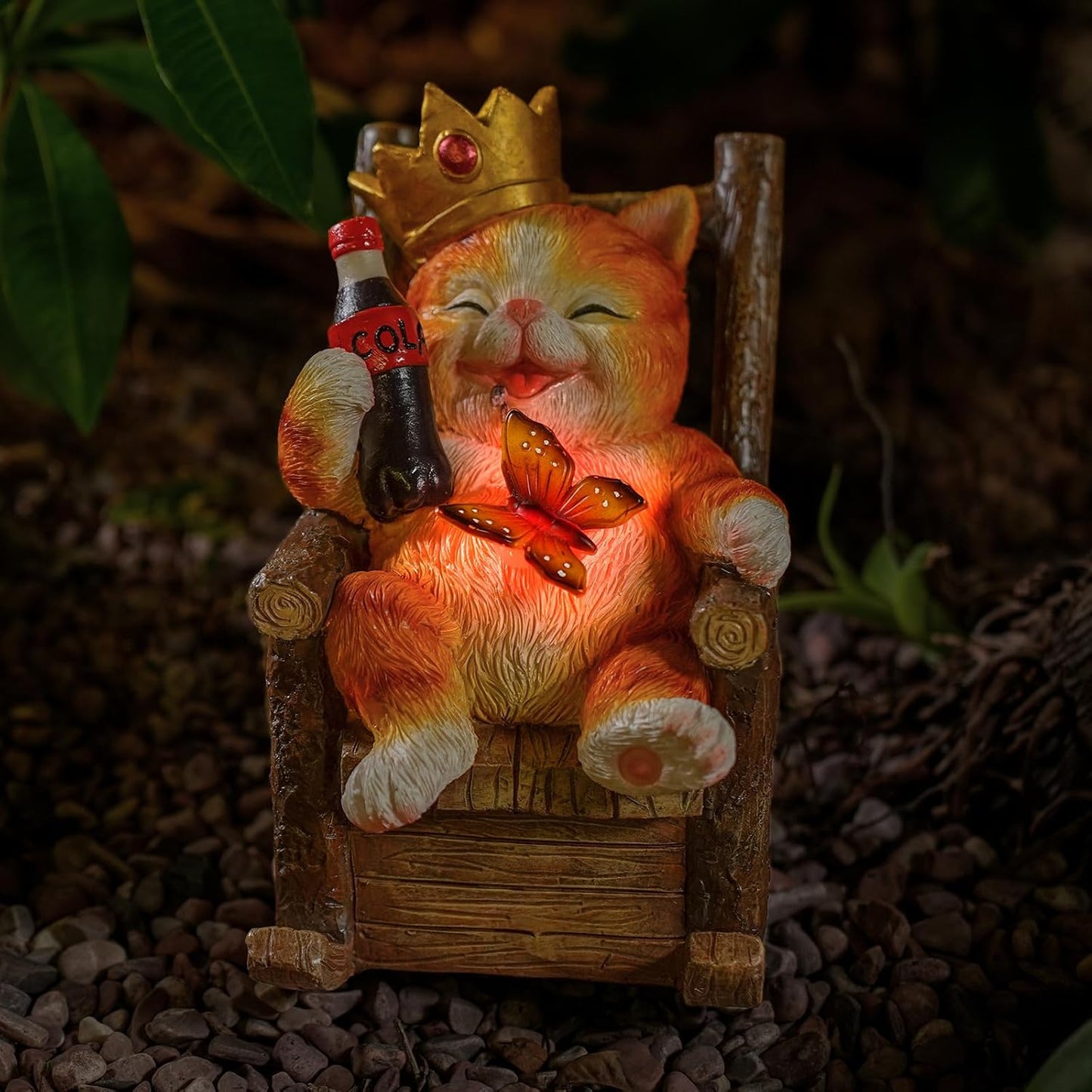 Solar Cat Garden Statue – Funny Orange Tabby Cat with Crown & Cola, LED Butterfly Light, Sitting on Rocking Chair – Outdoor Patio Decor for Yard, Porch, Lawn, or Gift