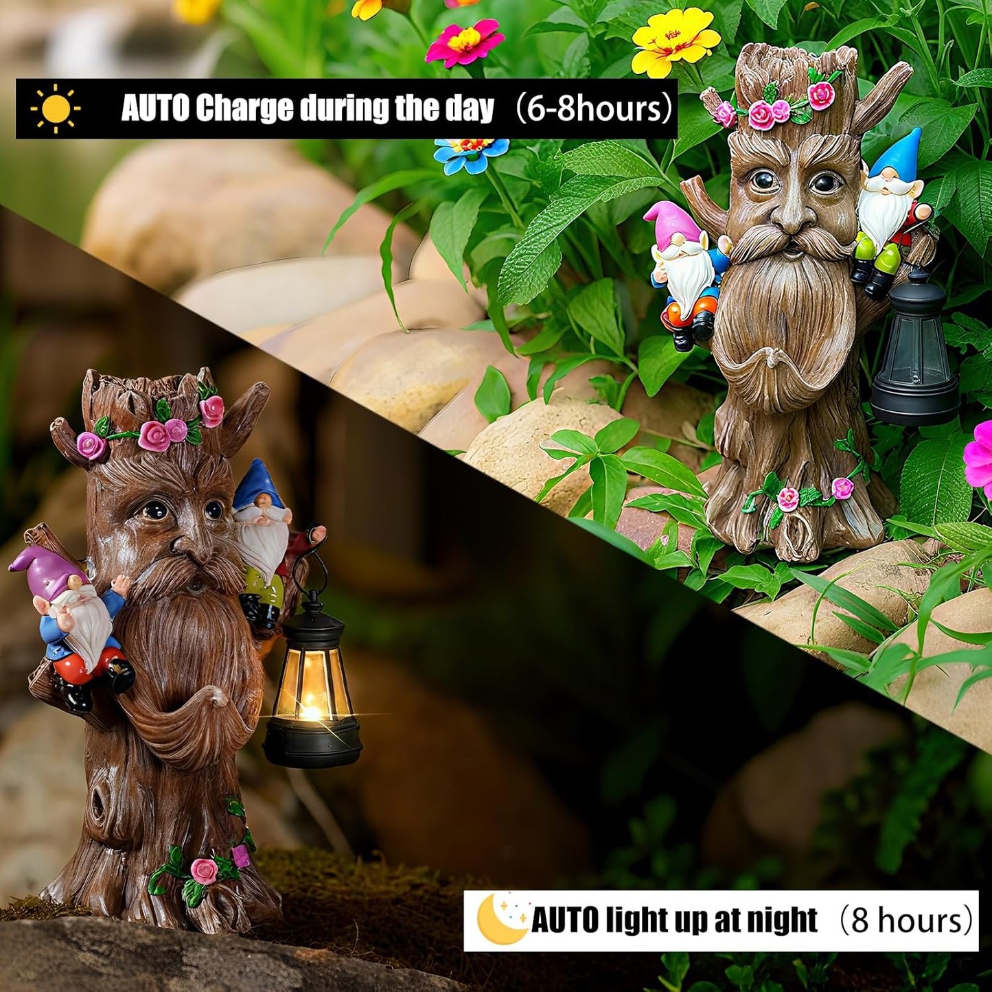 Whimsical Tree Ent Garden Statue with Gnomes – Solar Powered Outdoor Decor with LED Lantern, Funny Yard Ornament for Lawn, Patio, Porch, or Garden Pathway (Tree Face)