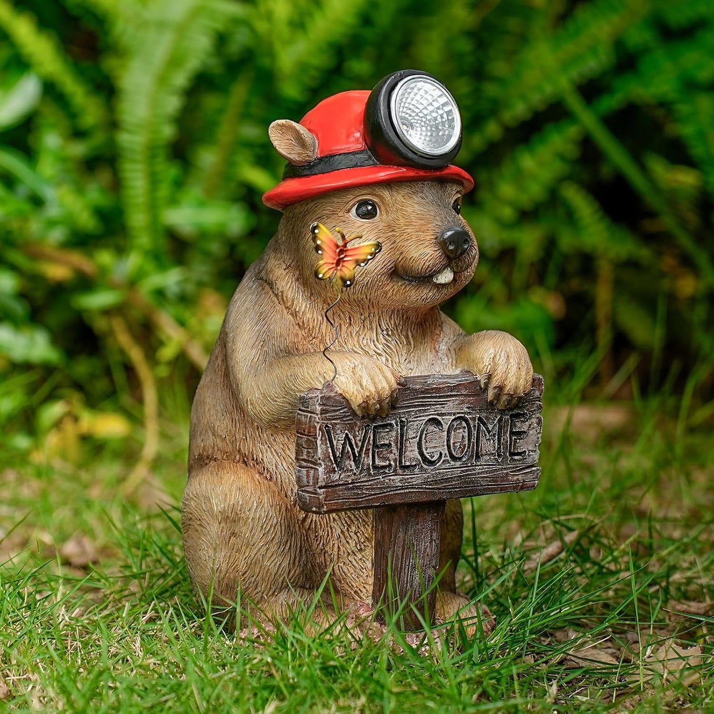 Groundhog Welcome Garden Statue with Solar Headlamp – Funny Animal Outdoor Yard Decor with LED Light and Butterfly – Waterproof Resin Garden Ornament for Patio, Lawn, Pathway