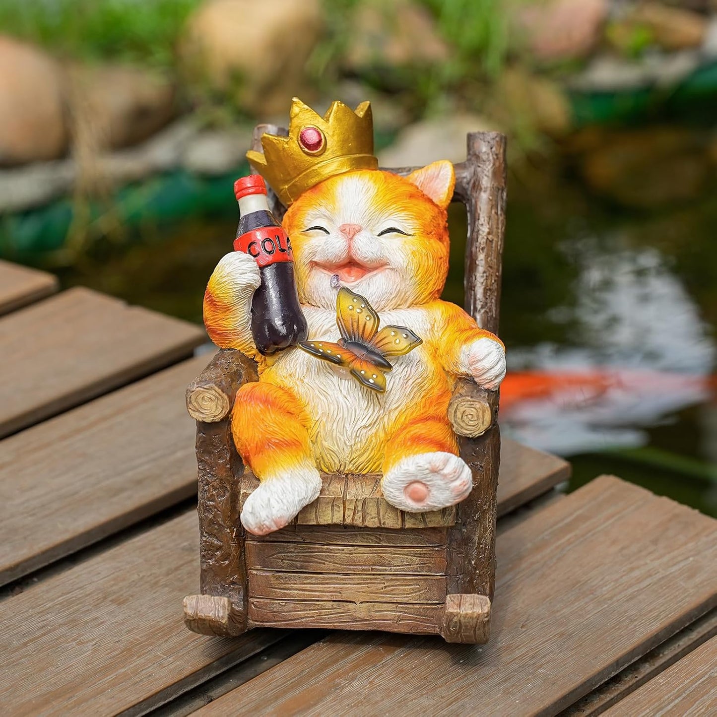 Solar Cat Garden Statue – Funny Orange Tabby Cat with Crown & Cola, LED Butterfly Light, Sitting on Rocking Chair – Outdoor Patio Decor for Yard, Porch, Lawn, or Gift