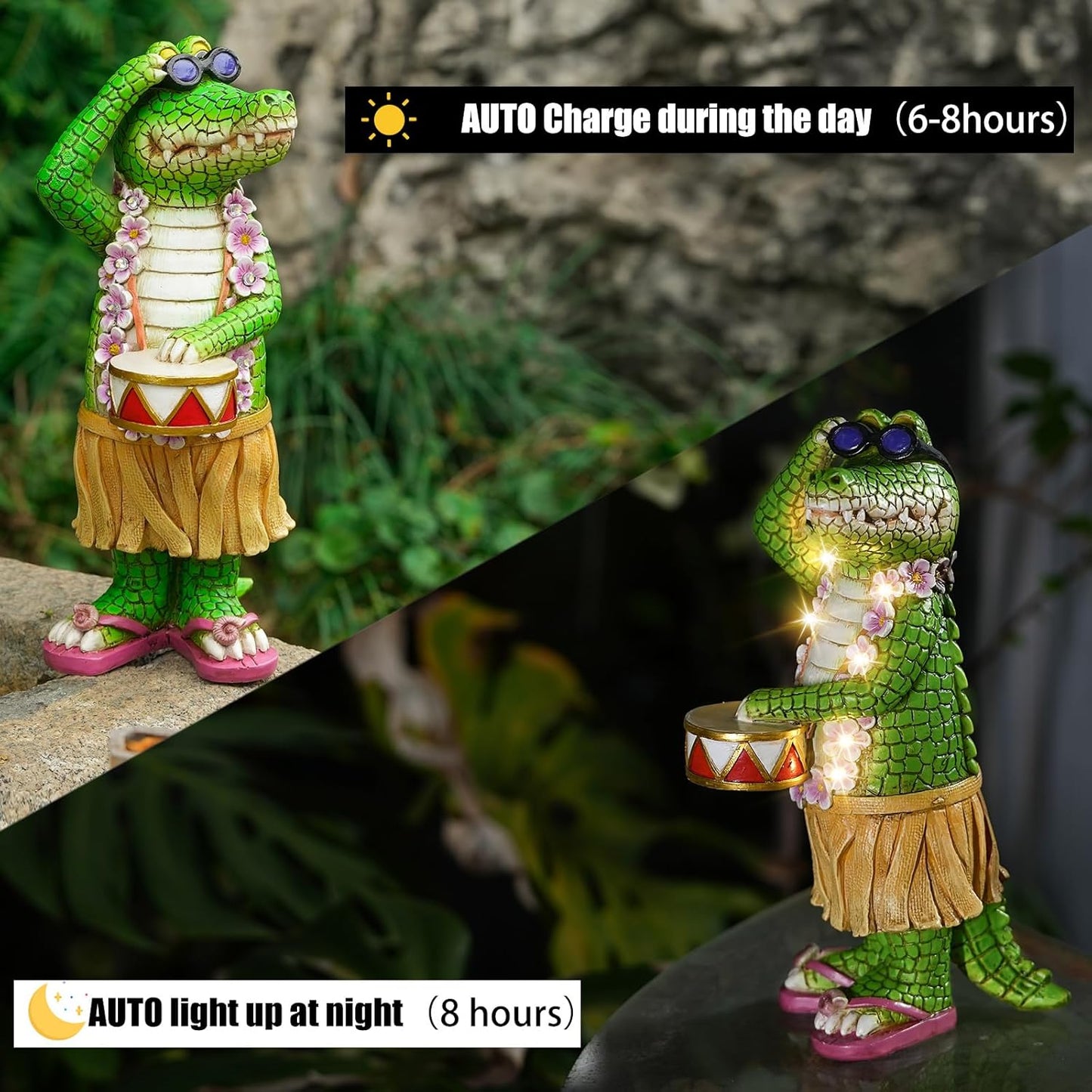 Hawaiian Alligator Garden Statue with LED Floral Garland - Fun Tropical Outdoor Decor, Resin Crocodile Figurine in Hula Skirt for Yard, Patio, or Home
