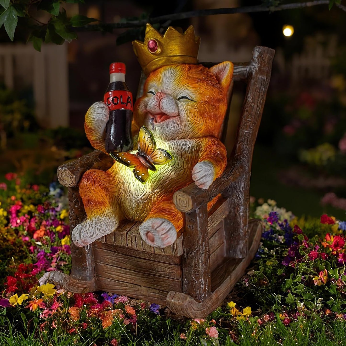 Solar Cat Garden Statue – Funny Orange Tabby Cat with Crown & Cola, LED Butterfly Light, Sitting on Rocking Chair – Outdoor Patio Decor for Yard, Porch, Lawn, or Gift