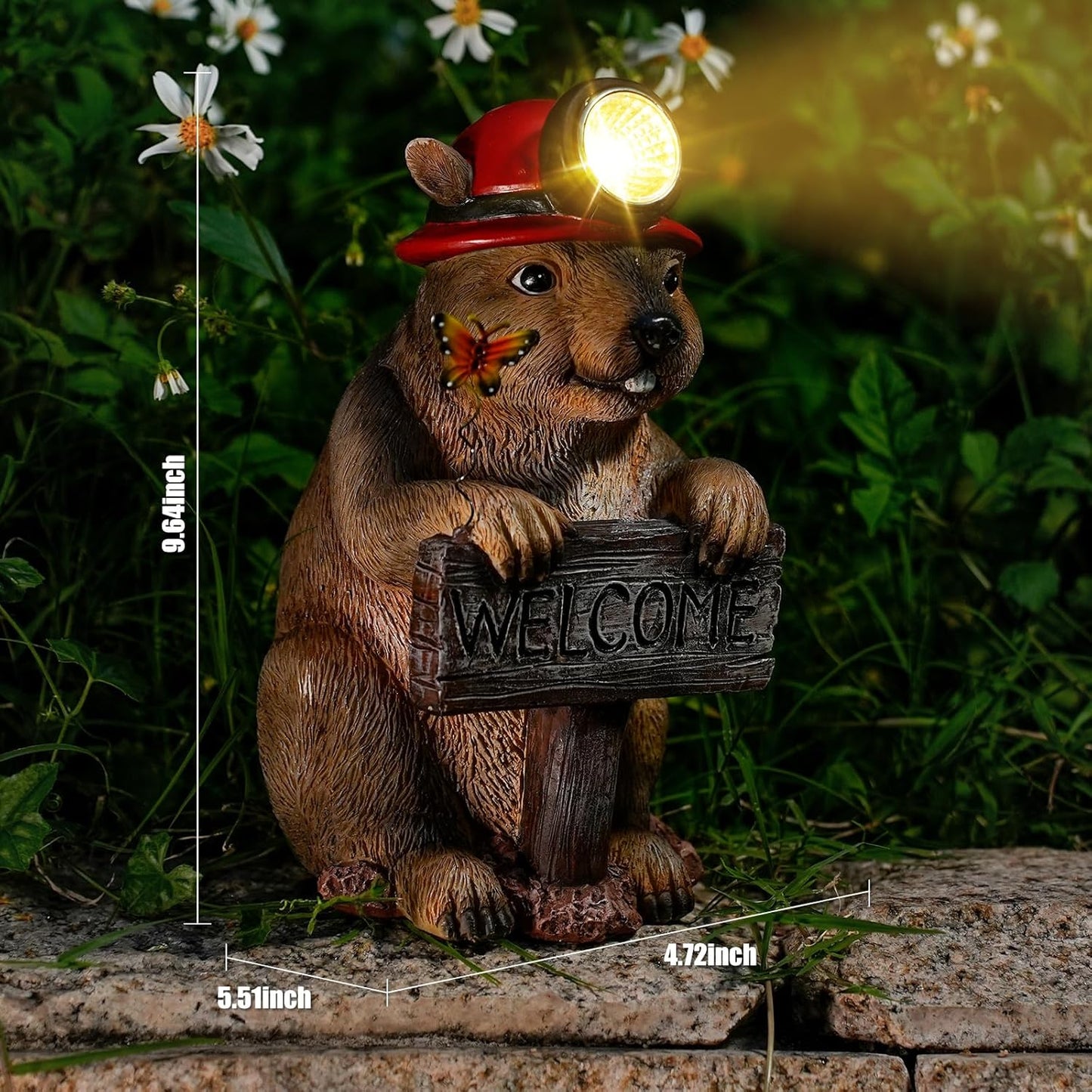 Groundhog Welcome Garden Statue with Solar Headlamp – Funny Animal Outdoor Yard Decor with LED Light and Butterfly – Waterproof Resin Garden Ornament for Patio, Lawn, Pathway