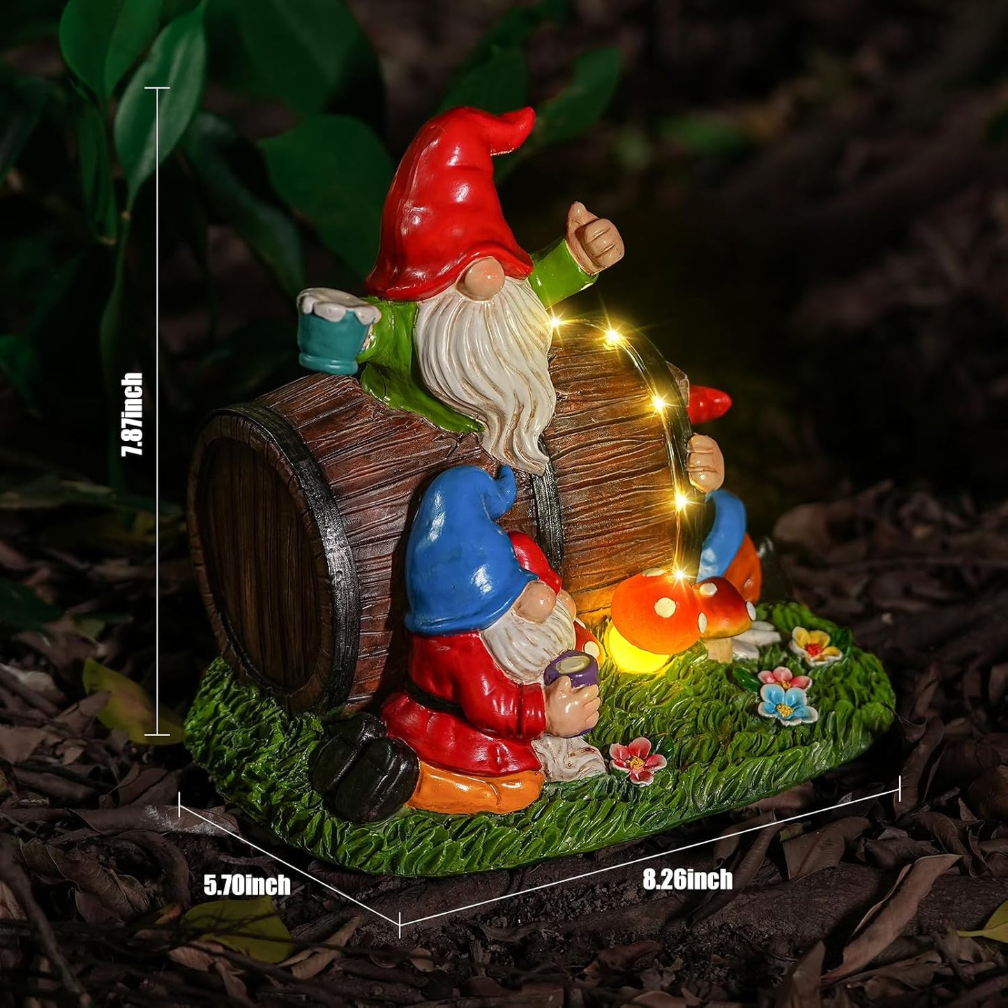 Whimsical Garden Drunken Gnome Statue with Solar Light Mushrooms and Wine Barrel - Fun Resin Outdoor Decoration for Yard, Patio, or Home
