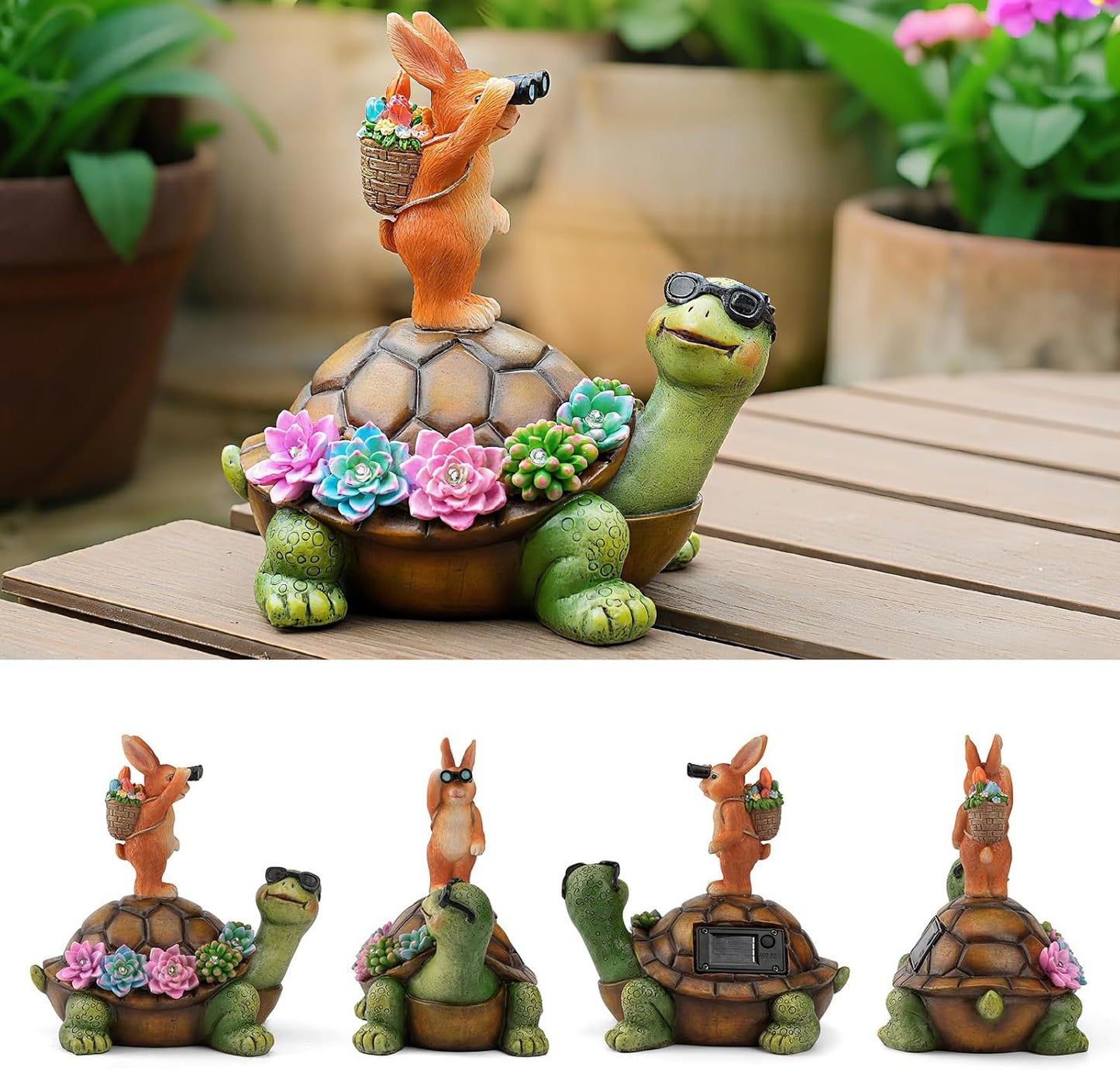 Solar Turtle Garden Statue with Bunny and LED Succulent Flowers – Outdoor Lawn Decor with Lights, Cute Animal Yard Ornament for Patio, Pathway, or Garden Gift (Gnome)