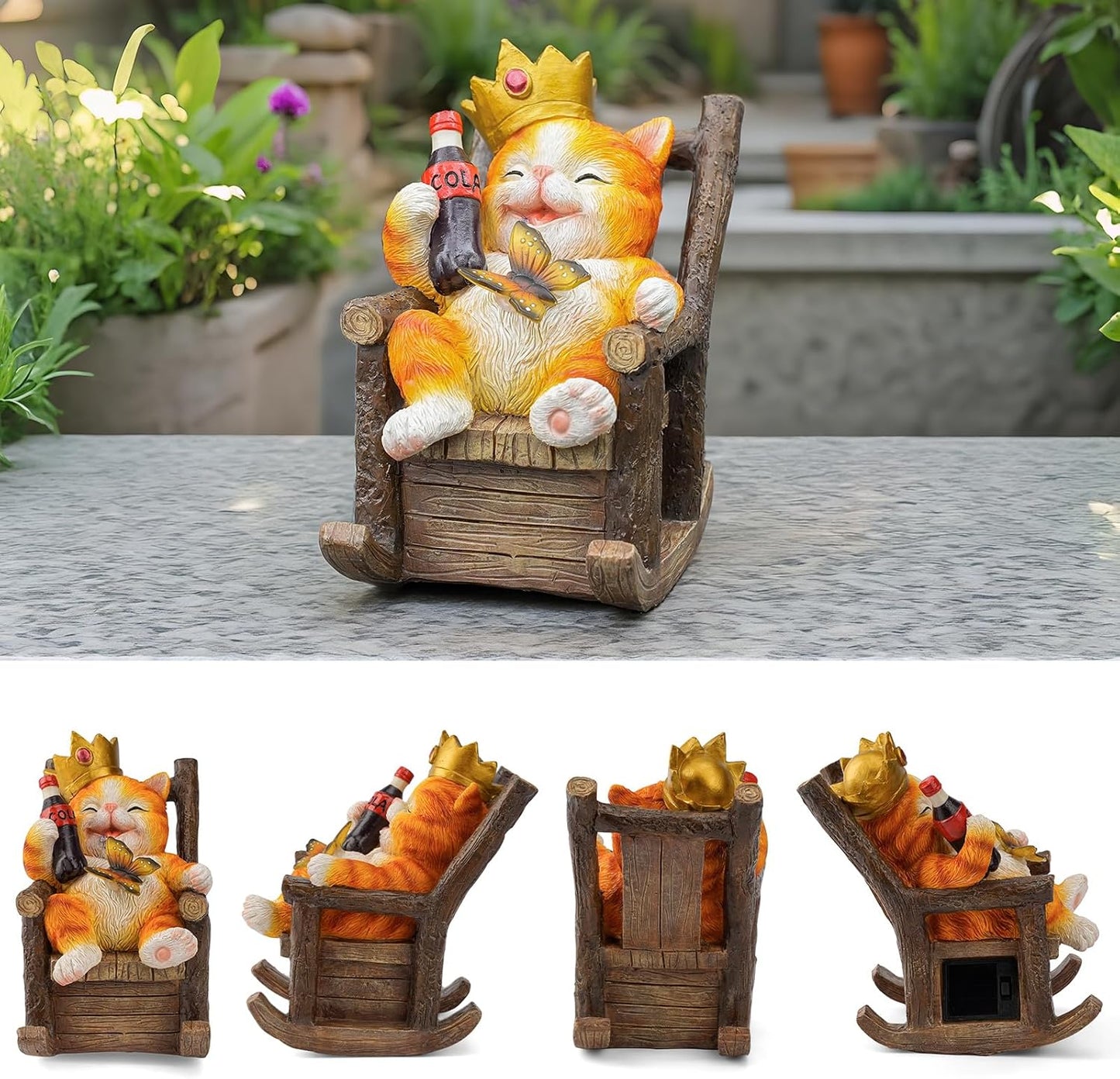 Solar Cat Garden Statue – Funny Orange Tabby Cat with Crown & Cola, LED Butterfly Light, Sitting on Rocking Chair – Outdoor Patio Decor for Yard, Porch, Lawn, or Gift