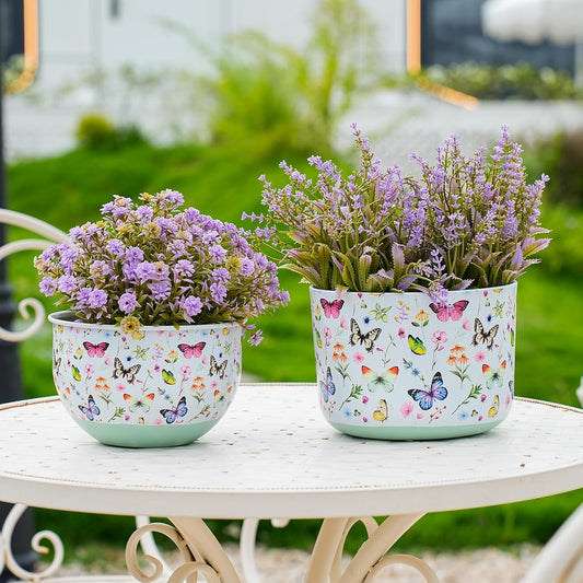 Butterfly & Bee Metal Planters Set of 2 – Decorative Flower Pots with Colorful Garden Prints, Outdoor & Indoor Use Cute Spring Floral Design for Patio, Balcony, Home Decor (Butterfly)