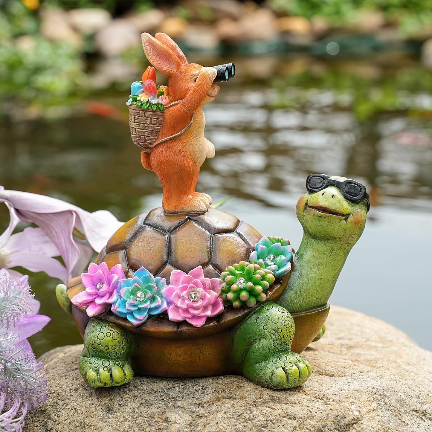 Solar Turtle Garden Statue with Bunny and LED Succulent Flowers – Outdoor Lawn Decor with Lights, Cute Animal Yard Ornament for Patio, Pathway, or Garden Gift (Gnome)