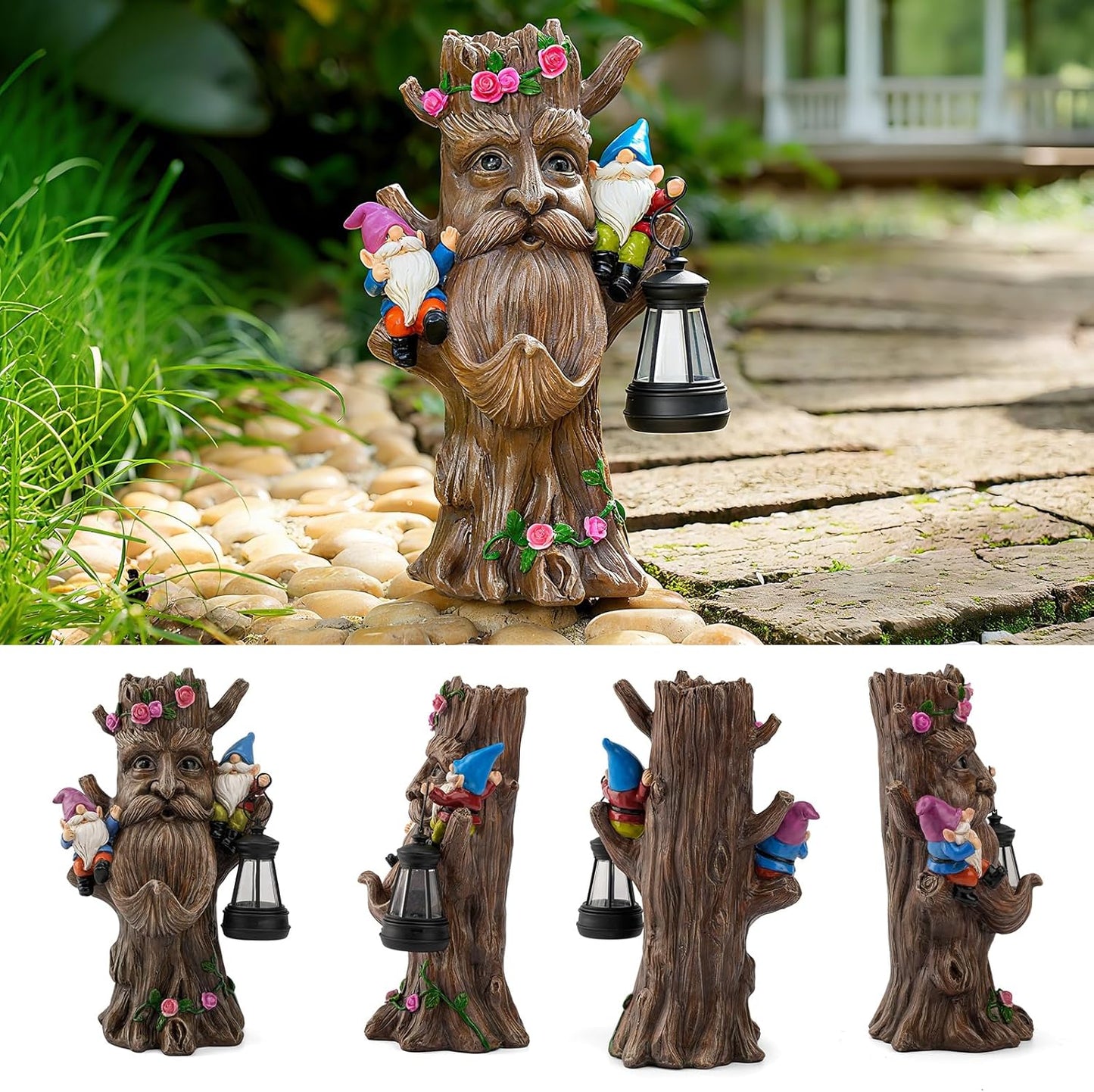Whimsical Tree Ent Garden Statue with Gnomes – Solar Powered Outdoor Decor with LED Lantern, Funny Yard Ornament for Lawn, Patio, Porch, or Garden Pathway (Tree Face)