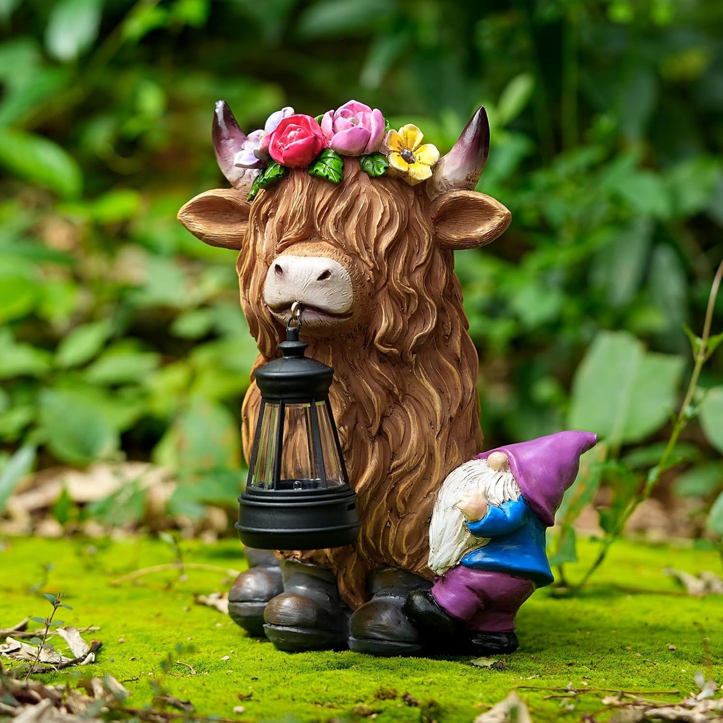 Garden Lantern Statues Resin Highland Cow with Gnome Outdoor Solar Light Decor Funny Decorations for Yard and Patio Gifts
