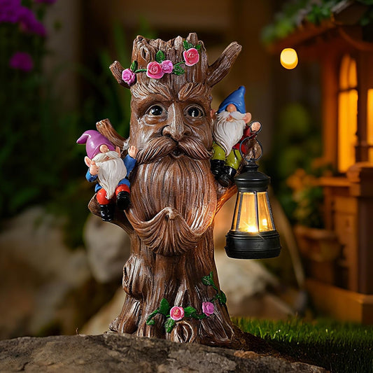 Whimsical Tree Ent Garden Statue with Gnomes – Solar Powered Outdoor Decor with LED Lantern, Funny Yard Ornament for Lawn, Patio, Porch, or Garden Pathway (Tree Face)