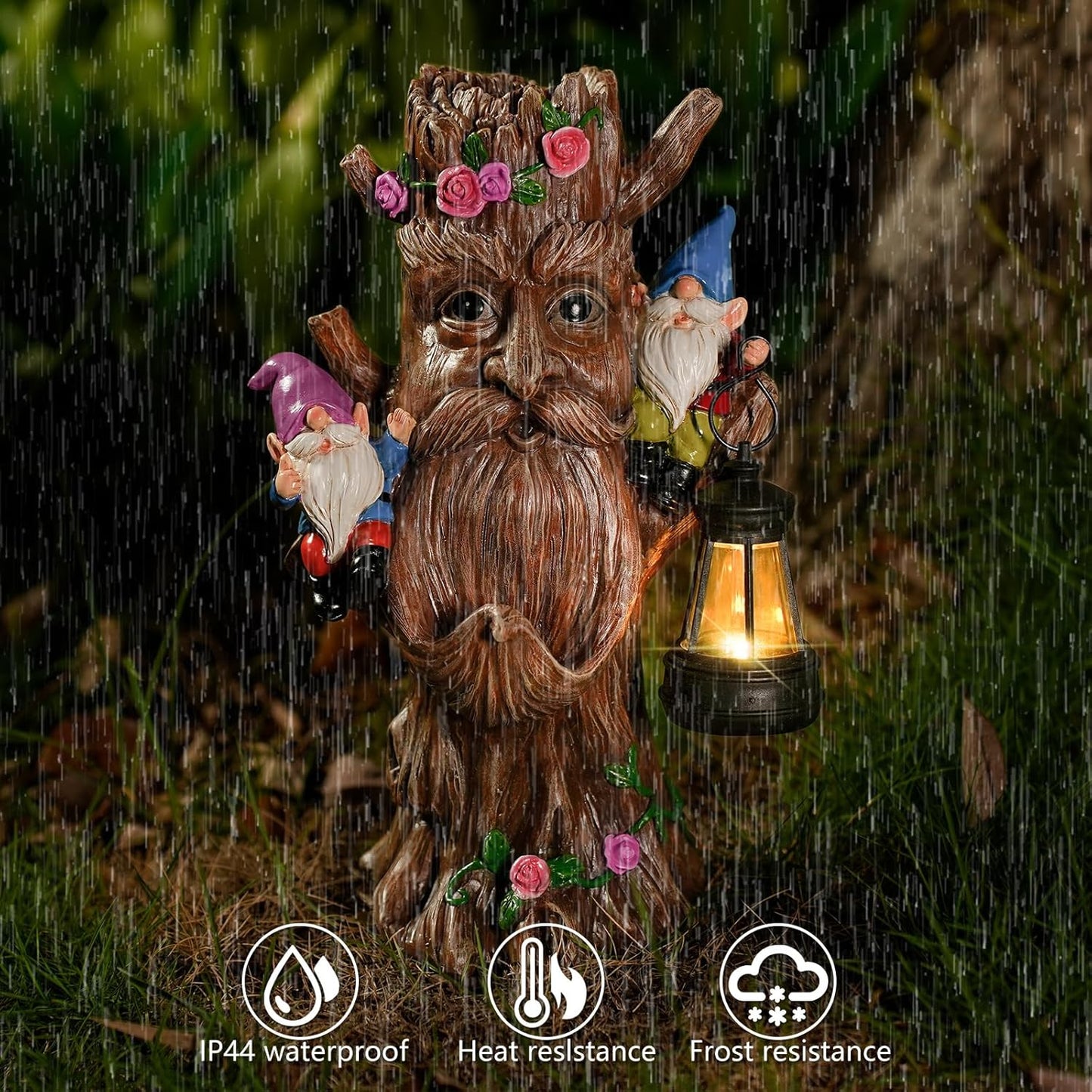 Whimsical Tree Ent Garden Statue with Gnomes – Solar Powered Outdoor Decor with LED Lantern, Funny Yard Ornament for Lawn, Patio, Porch, or Garden Pathway (Tree Face)