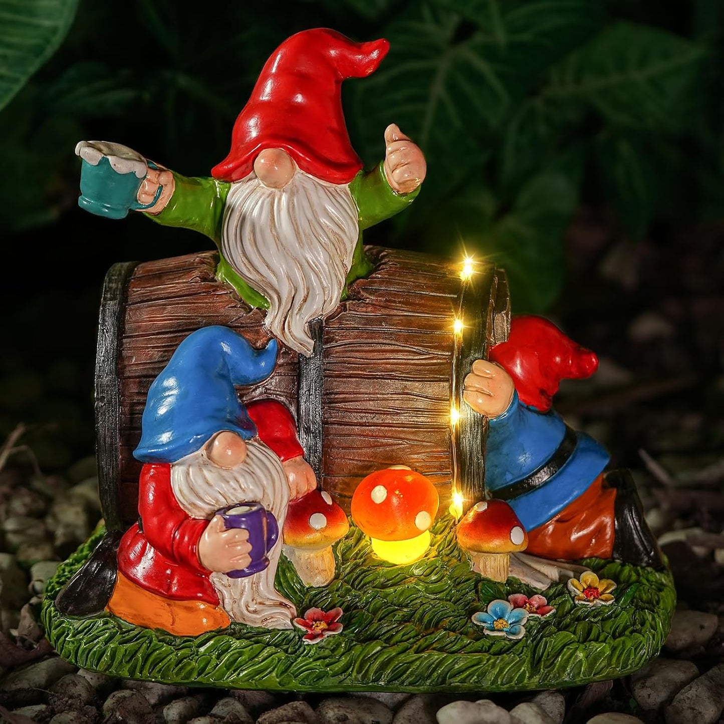 Whimsical Garden Drunken Gnome Statue with Solar Light Mushrooms and Wine Barrel - Fun Resin Outdoor Decoration for Yard, Patio, or Home