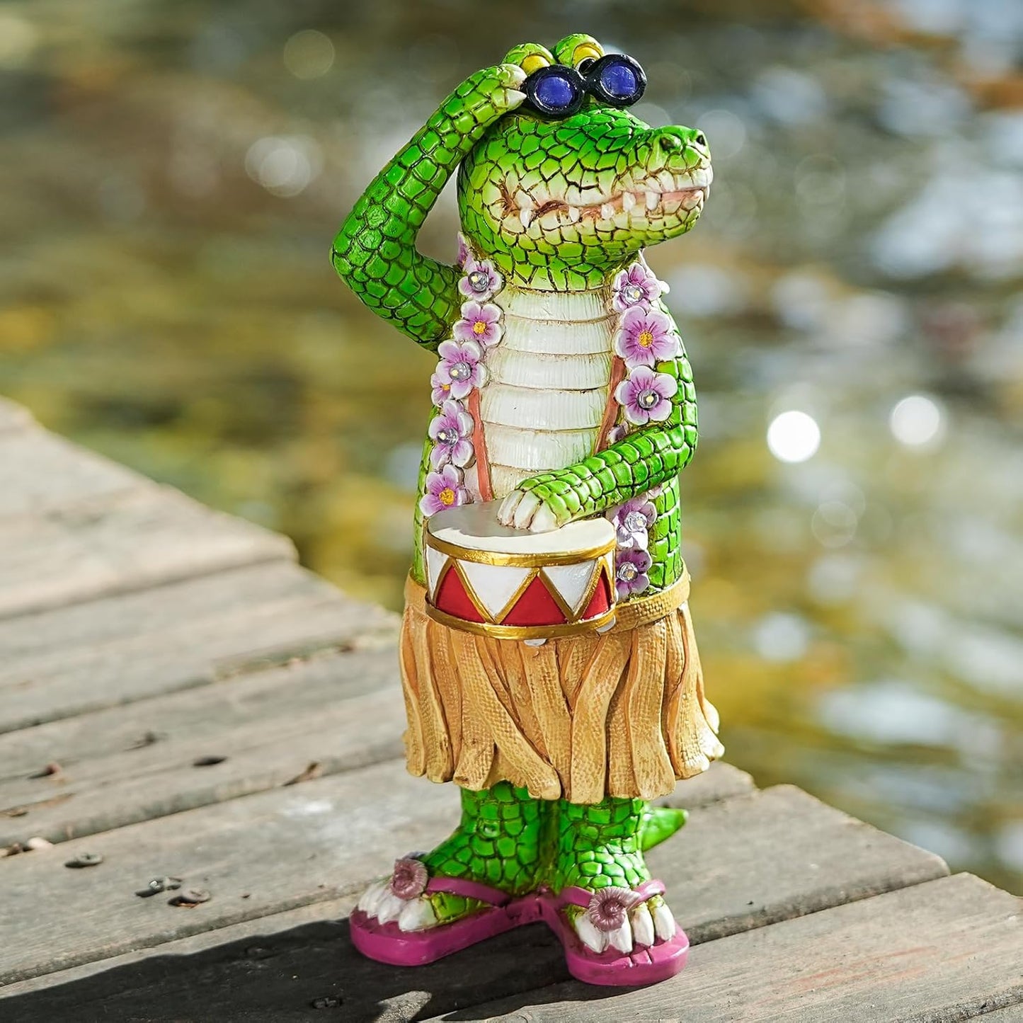 Hawaiian Alligator Garden Statue with LED Floral Garland - Fun Tropical Outdoor Decor, Resin Crocodile Figurine in Hula Skirt for Yard, Patio, or Home