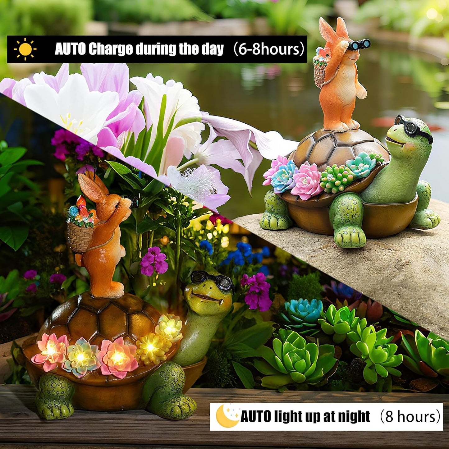 Solar Turtle Garden Statue with Bunny and LED Succulent Flowers – Outdoor Lawn Decor with Lights, Cute Animal Yard Ornament for Patio, Pathway, or Garden Gift (Gnome)