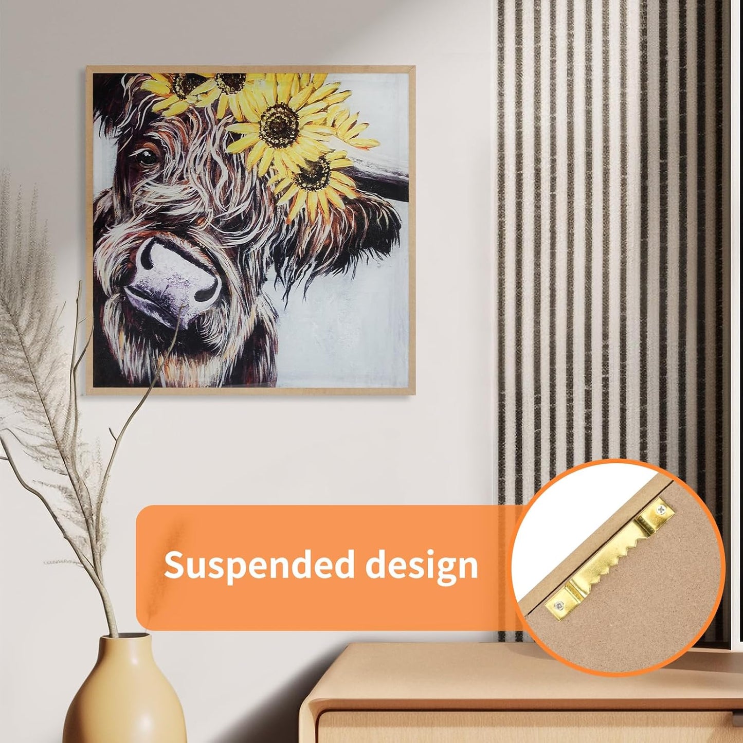 Animal Highland Cow Wall Art with Night Light Painting Woodgrain Picture Framed Modern for Bathroom Living Room Bedroom Nursery Room Dining Room Kitchen Wall Decor Gifts 11.5"x11.5"