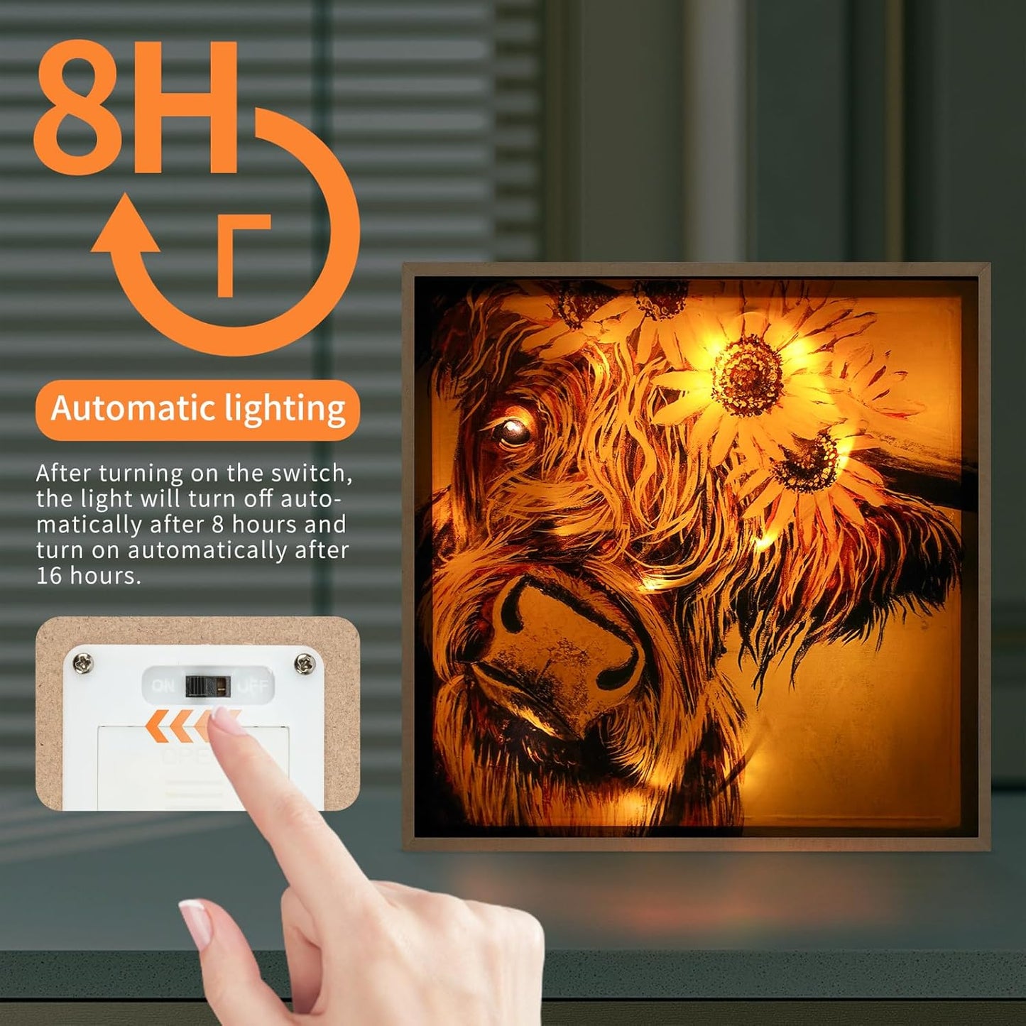 Animal Highland Cow Wall Art with Night Light Painting Woodgrain Picture Framed Modern for Bathroom Living Room Bedroom Nursery Room Dining Room Kitchen Wall Decor Gifts 11.5"x11.5"