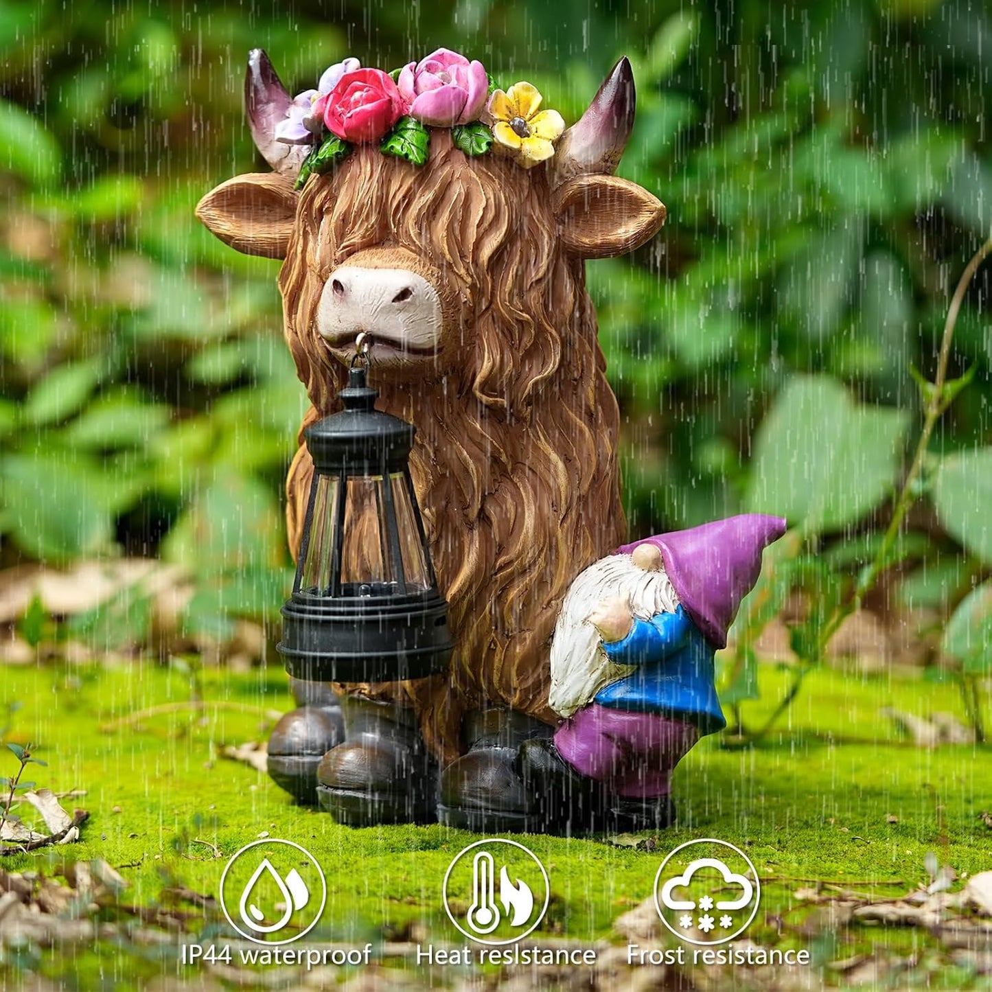 Garden Lantern Statues Resin Highland Cow with Gnome Outdoor Solar Light Decor Funny Decorations for Yard and Patio Gifts
