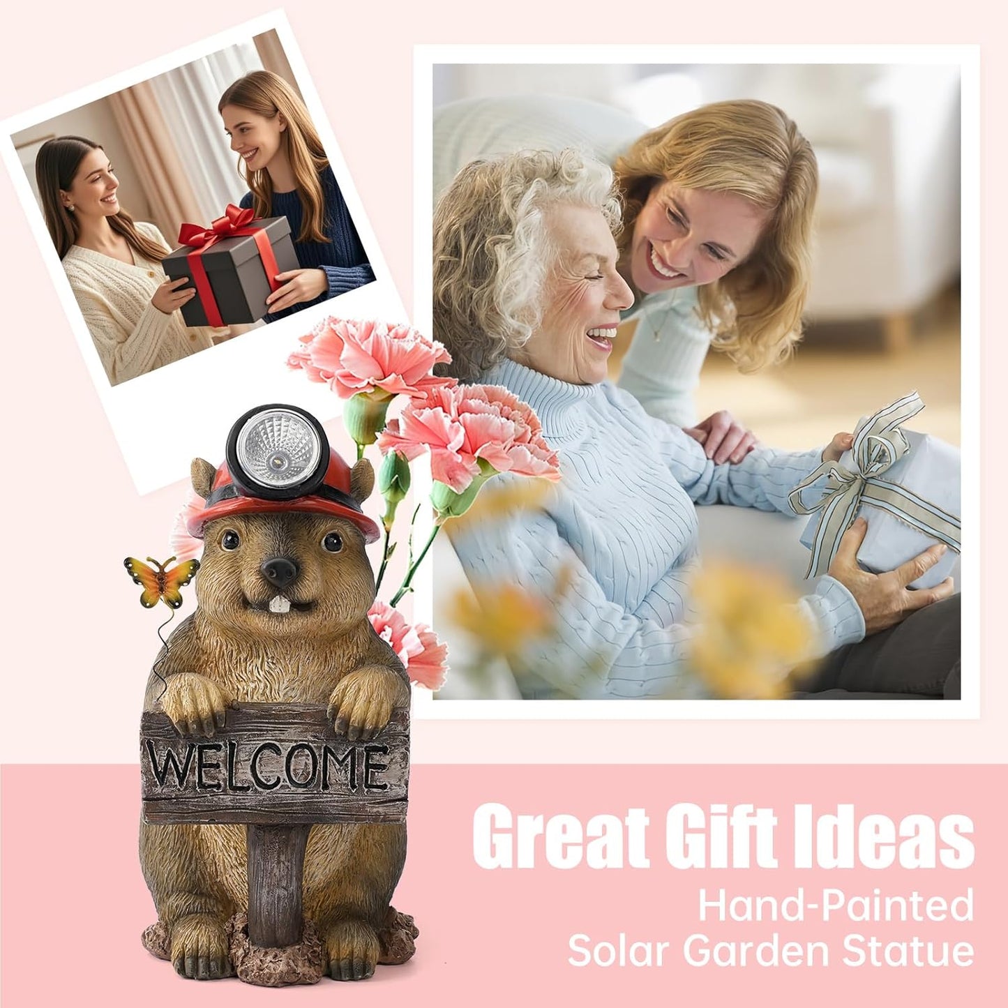 Groundhog Welcome Garden Statue with Solar Headlamp – Funny Animal Outdoor Yard Decor with LED Light and Butterfly – Waterproof Resin Garden Ornament for Patio, Lawn, Pathway