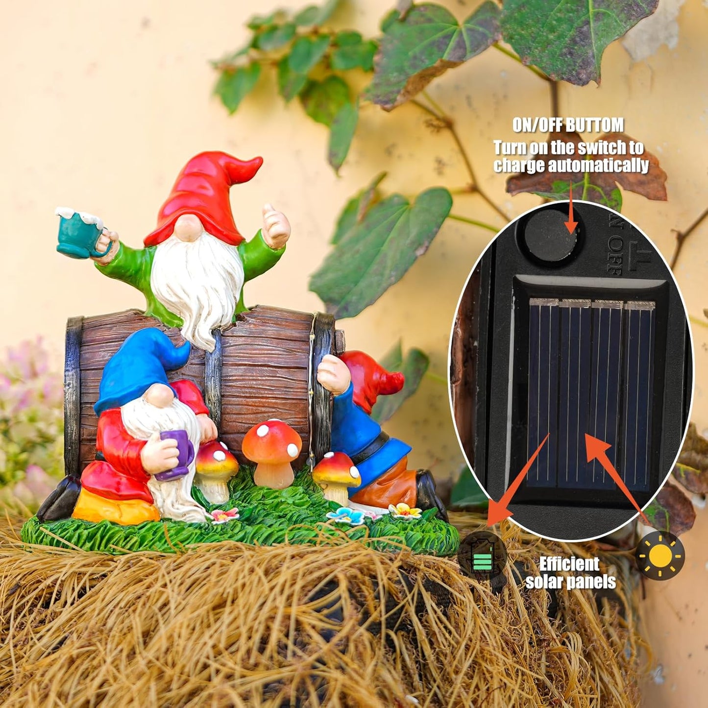Whimsical Garden Drunken Gnome Statue with Solar Light Mushrooms and Wine Barrel - Fun Resin Outdoor Decoration for Yard, Patio, or Home