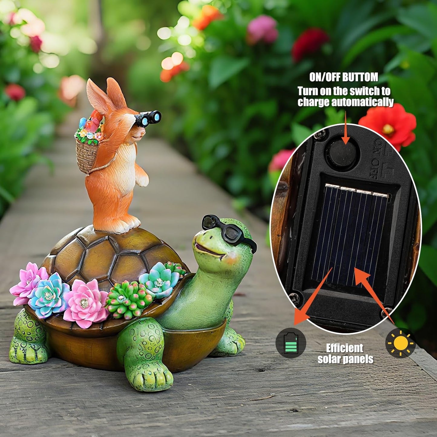 Solar Turtle Garden Statue with Bunny and LED Succulent Flowers – Outdoor Lawn Decor with Lights, Cute Animal Yard Ornament for Patio, Pathway, or Garden Gift (Gnome)