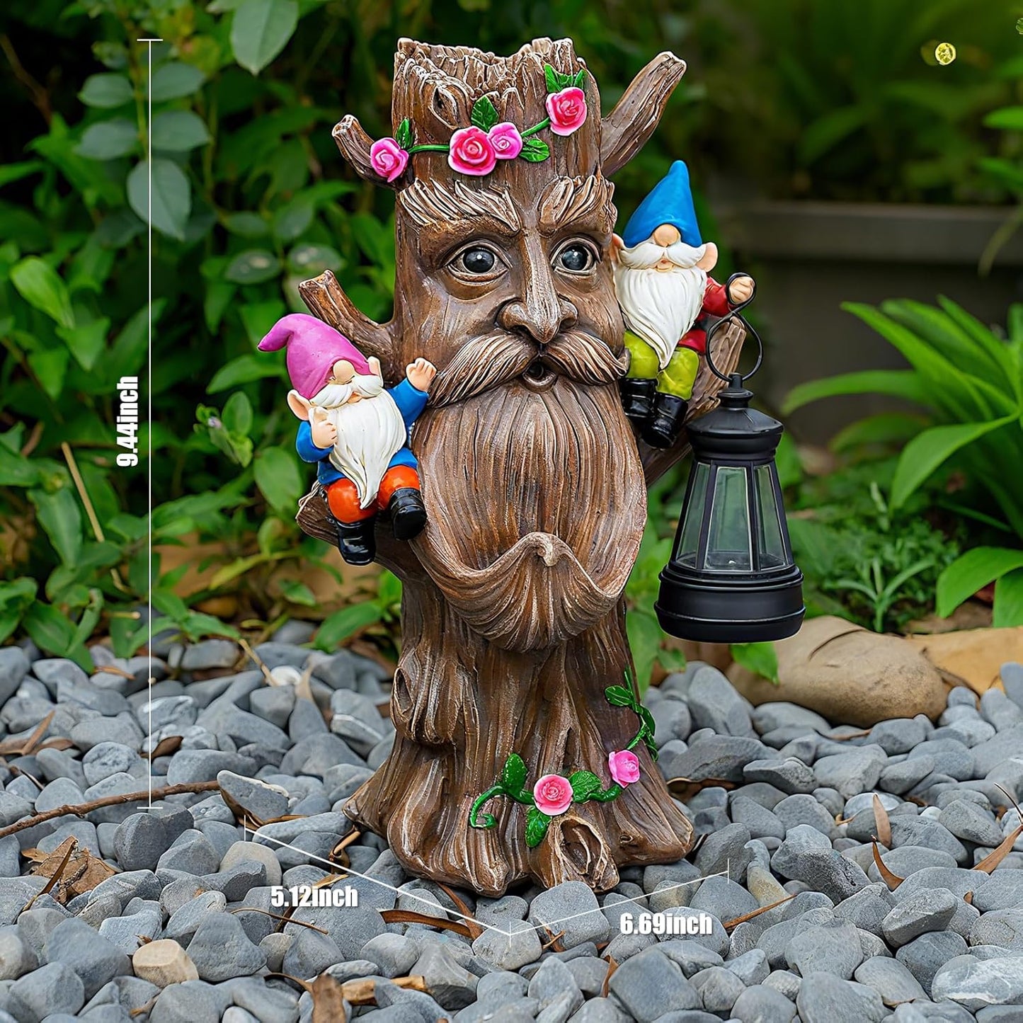 Whimsical Tree Ent Garden Statue with Gnomes – Solar Powered Outdoor Decor with LED Lantern, Funny Yard Ornament for Lawn, Patio, Porch, or Garden Pathway (Tree Face)