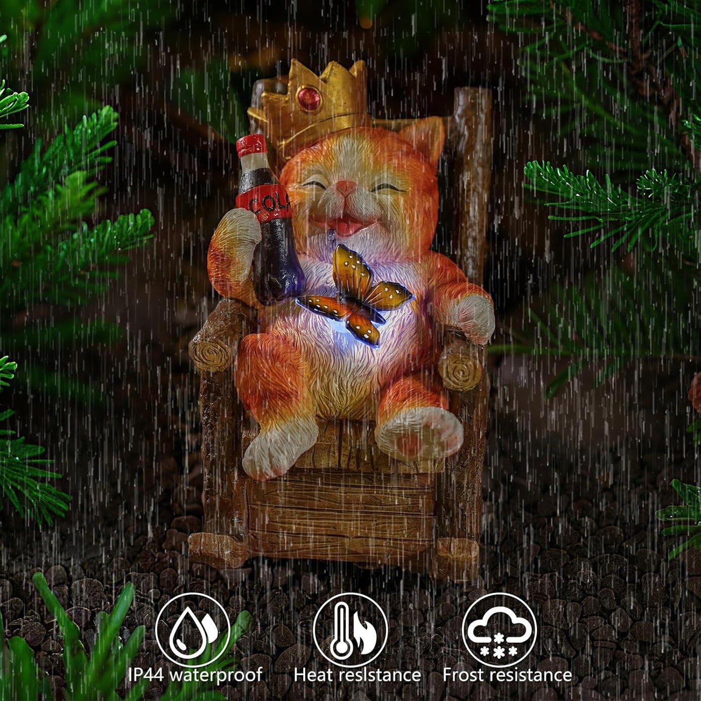 Solar Cat Garden Statue – Funny Orange Tabby Cat with Crown & Cola, LED Butterfly Light, Sitting on Rocking Chair – Outdoor Patio Decor for Yard, Porch, Lawn, or Gift