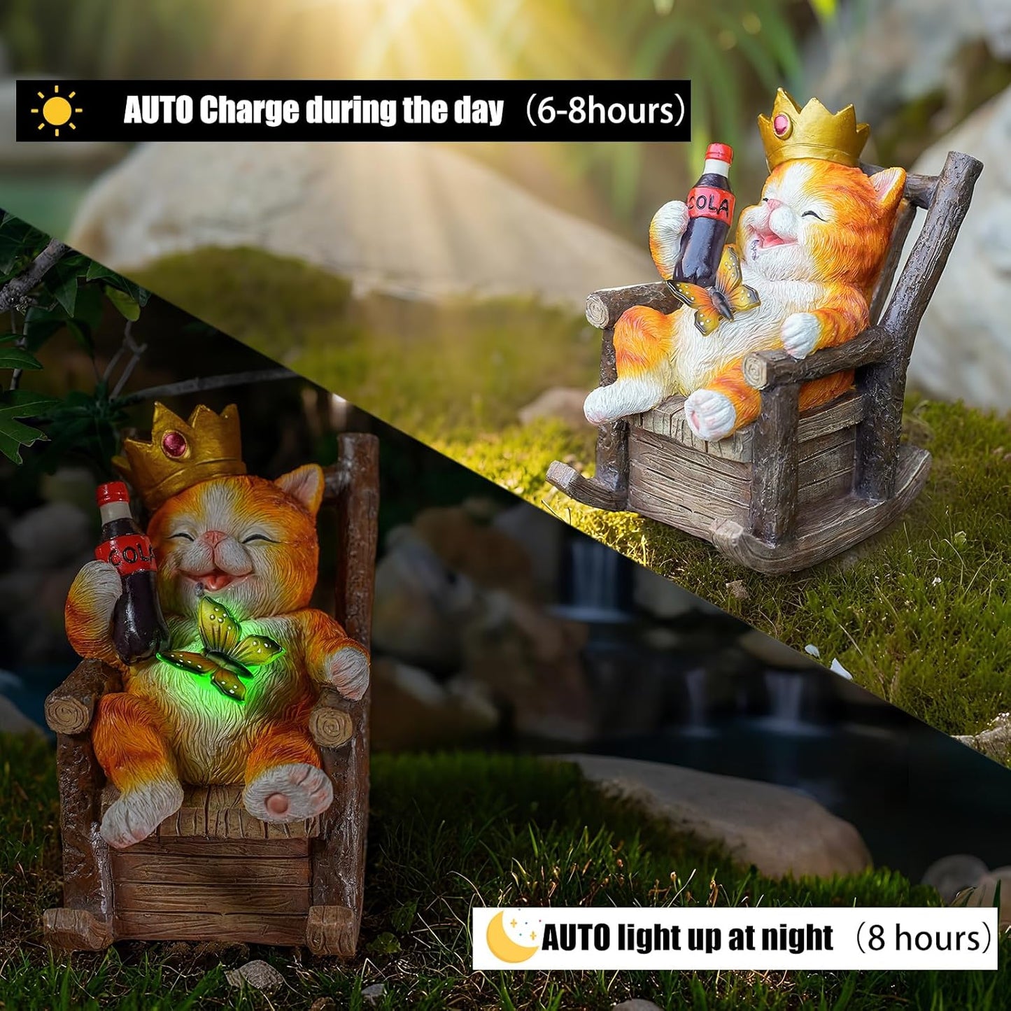 Solar Cat Garden Statue – Funny Orange Tabby Cat with Crown & Cola, LED Butterfly Light, Sitting on Rocking Chair – Outdoor Patio Decor for Yard, Porch, Lawn, or Gift