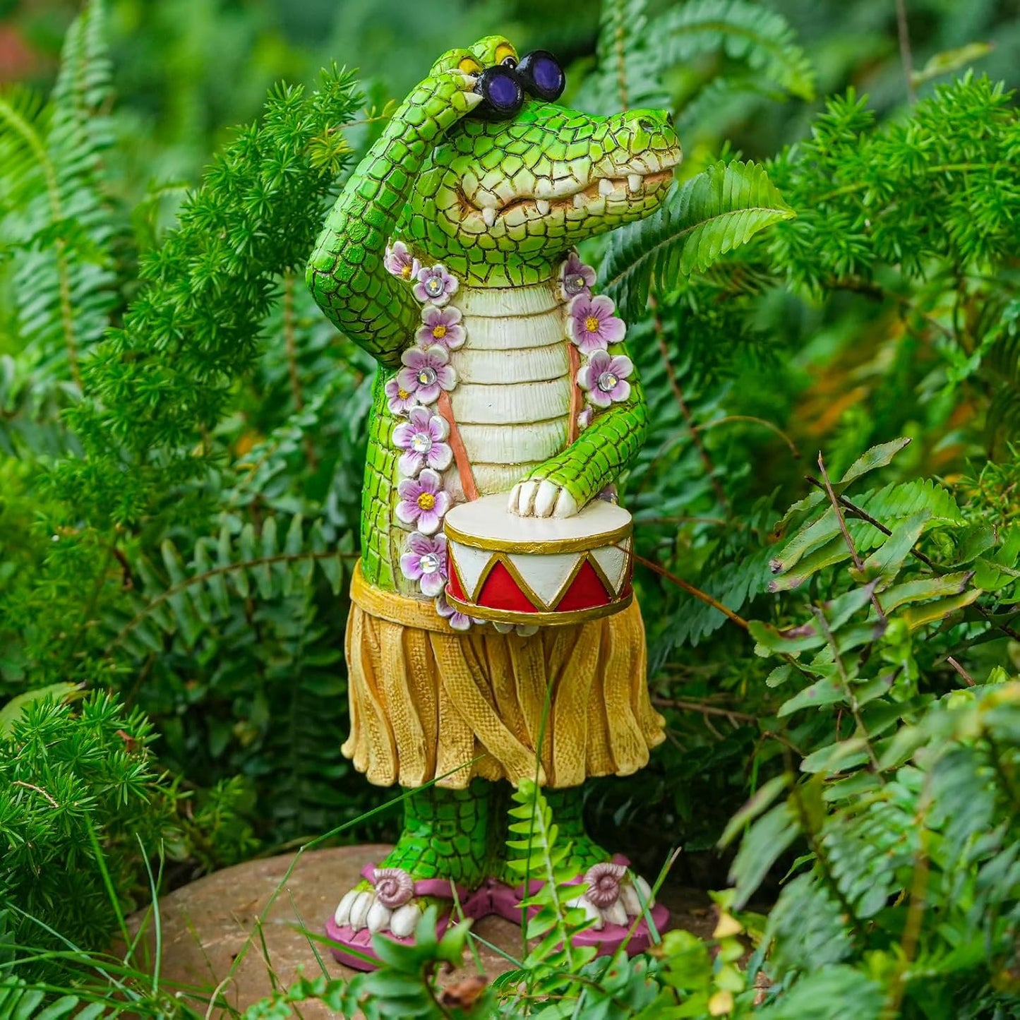 Hawaiian Alligator Garden Statue with LED Floral Garland - Fun Tropical Outdoor Decor, Resin Crocodile Figurine in Hula Skirt for Yard, Patio, or Home
