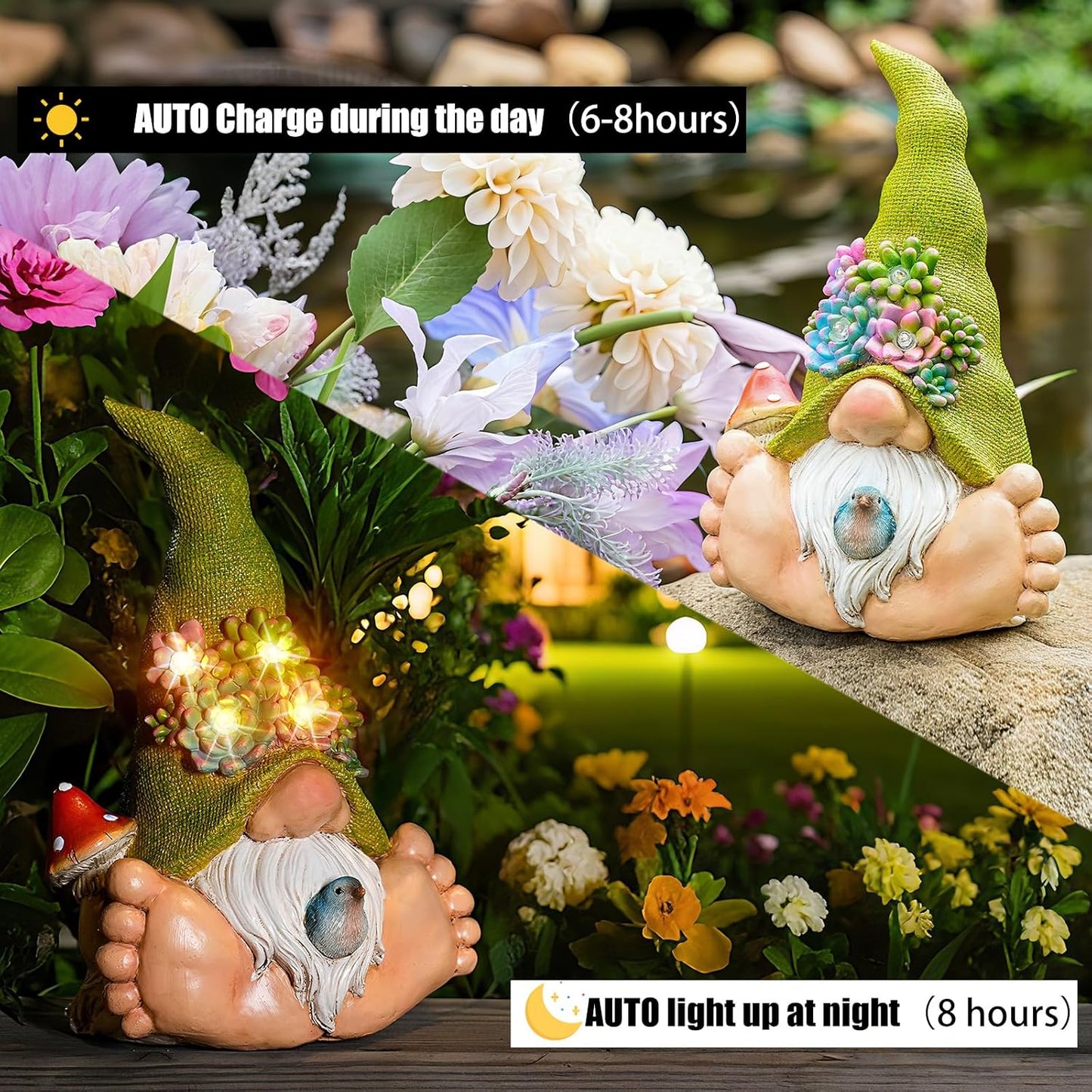 Solar Turtle Garden Statue with Bunny and LED Succulent Flowers – Outdoor Lawn Decor with Lights, Cute Animal Yard Ornament for Patio, Pathway, or Garden Gift (Gnome)