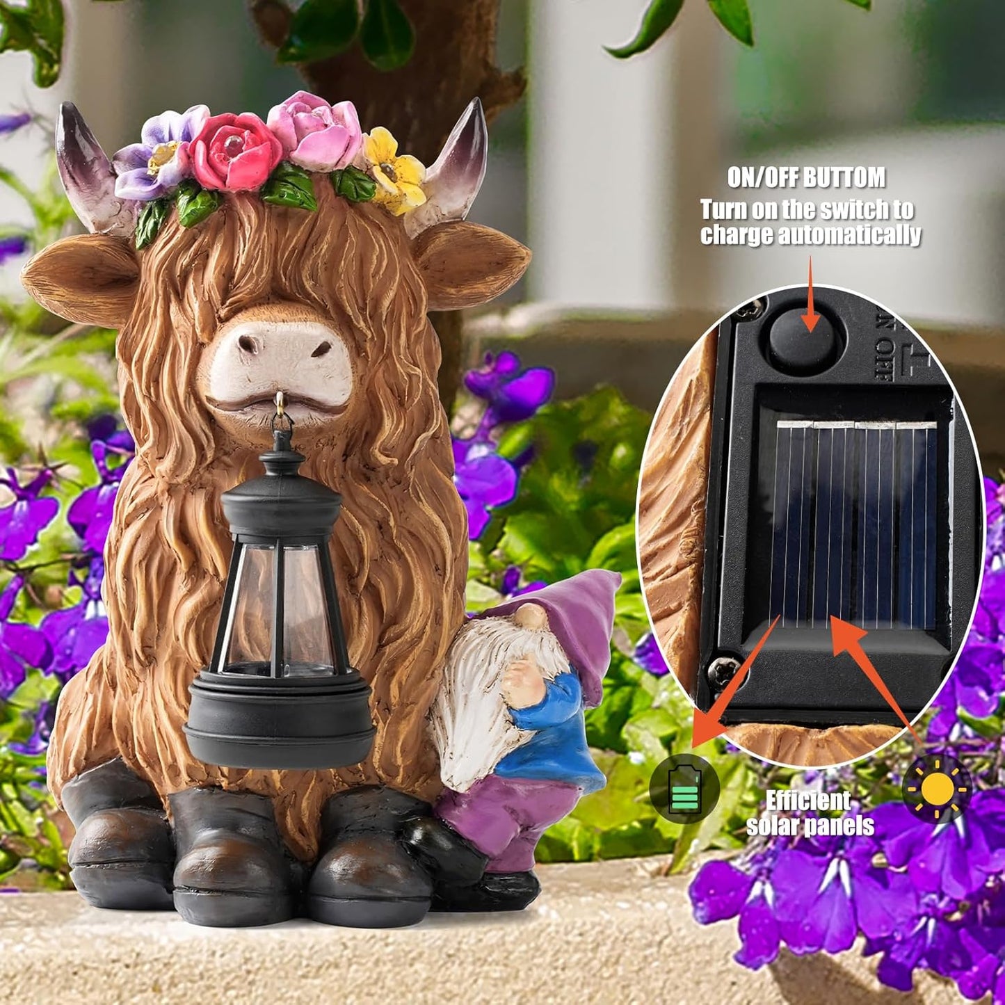 Garden Lantern Statues Resin Highland Cow with Gnome Outdoor Solar Light Decor Funny Decorations for Yard and Patio Gifts