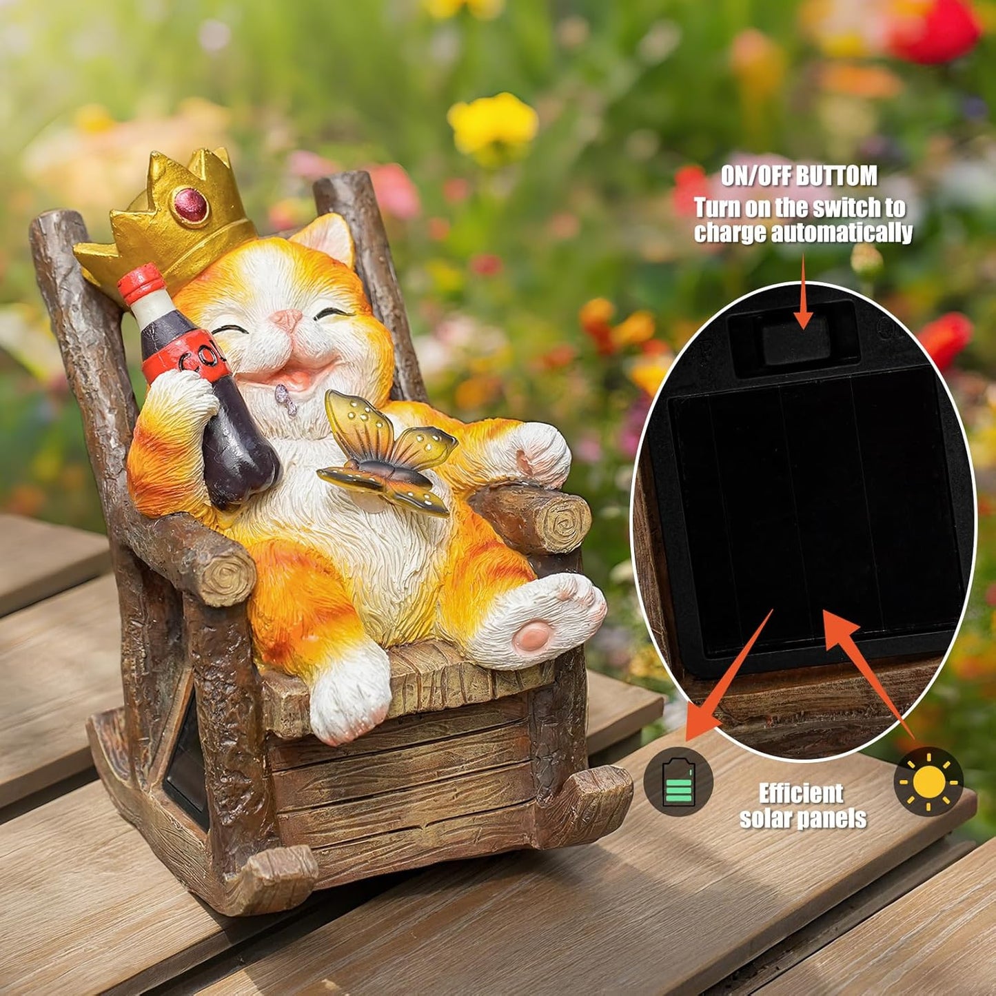 Solar Cat Garden Statue – Funny Orange Tabby Cat with Crown & Cola, LED Butterfly Light, Sitting on Rocking Chair – Outdoor Patio Decor for Yard, Porch, Lawn, or Gift